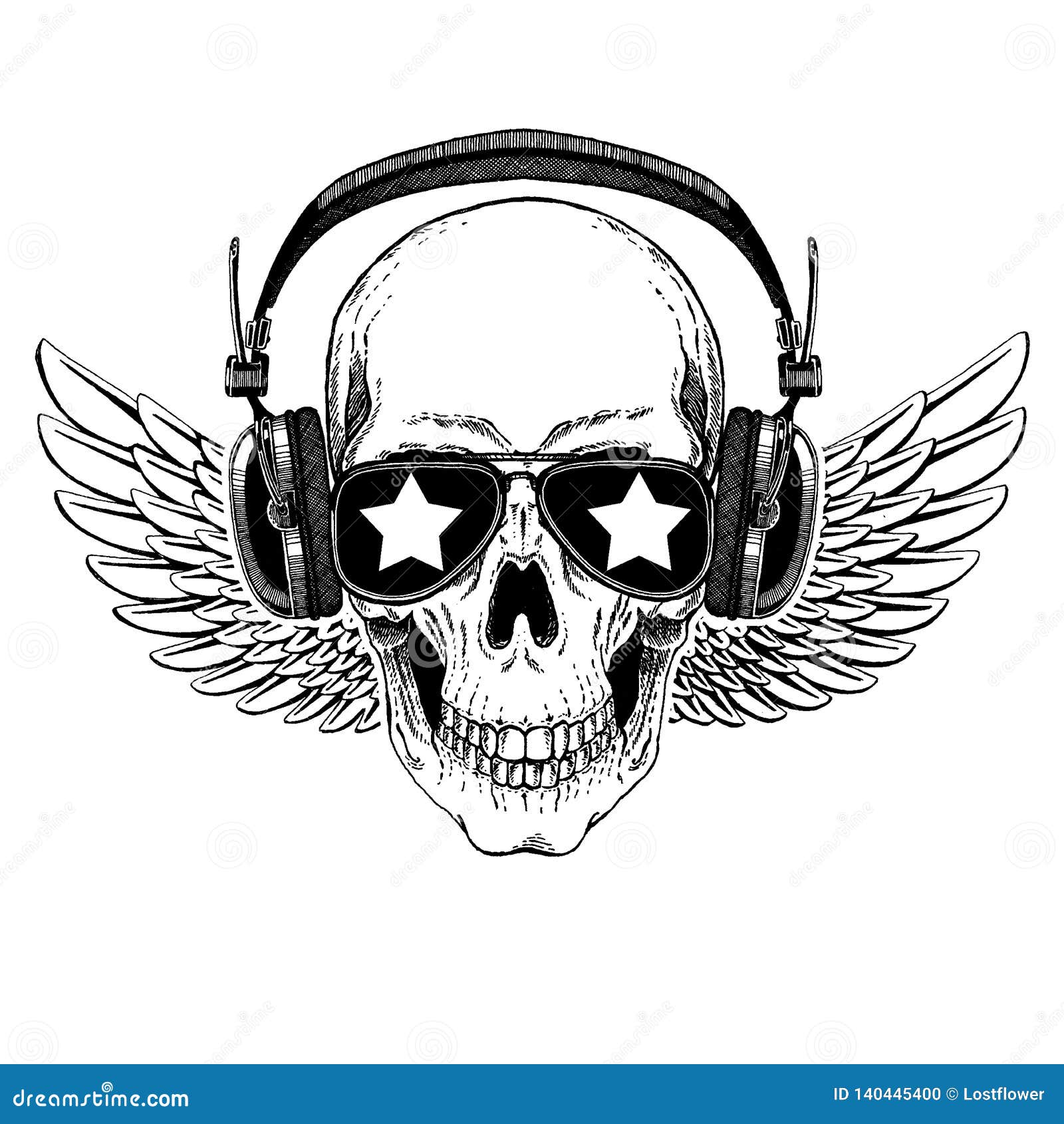 Human skull tattoo and t-shirt design. Skull of the bearded hipster. Skull  in earphone listens to music. Skull with beard, mustache, hipster hat and headphones  tattoo Stock Vector | Adobe Stock