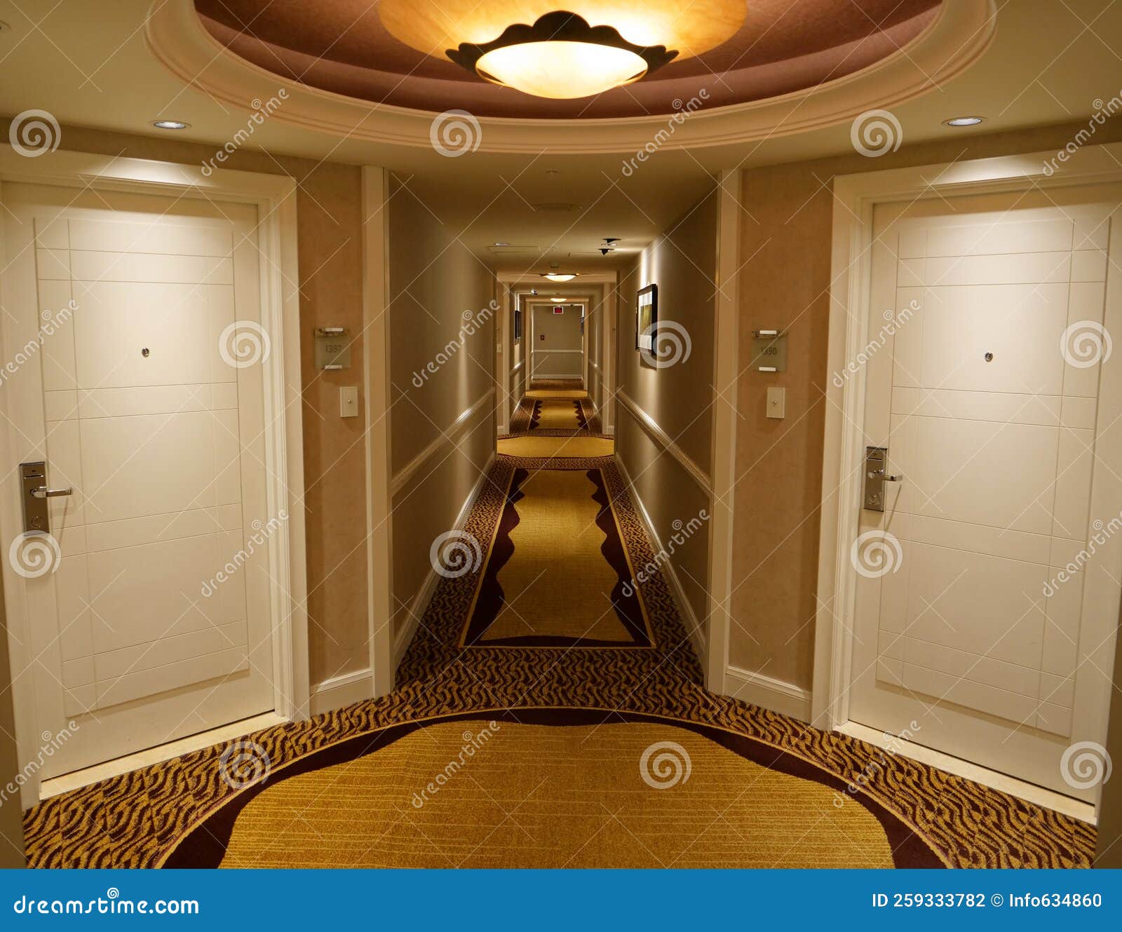 Cool View of a Bright and Empty Corridor of a Luxury Hotel and Closed