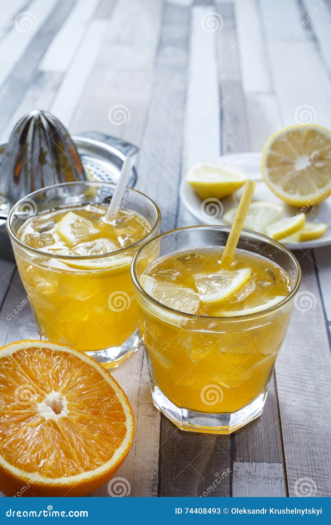 The Cooled Drink with Fresh Lemon and Orange Stock Image Image of