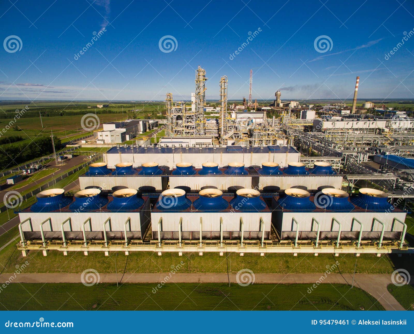 The cooling fans and units for nitric acid production on fertilizer plant. Aerial view