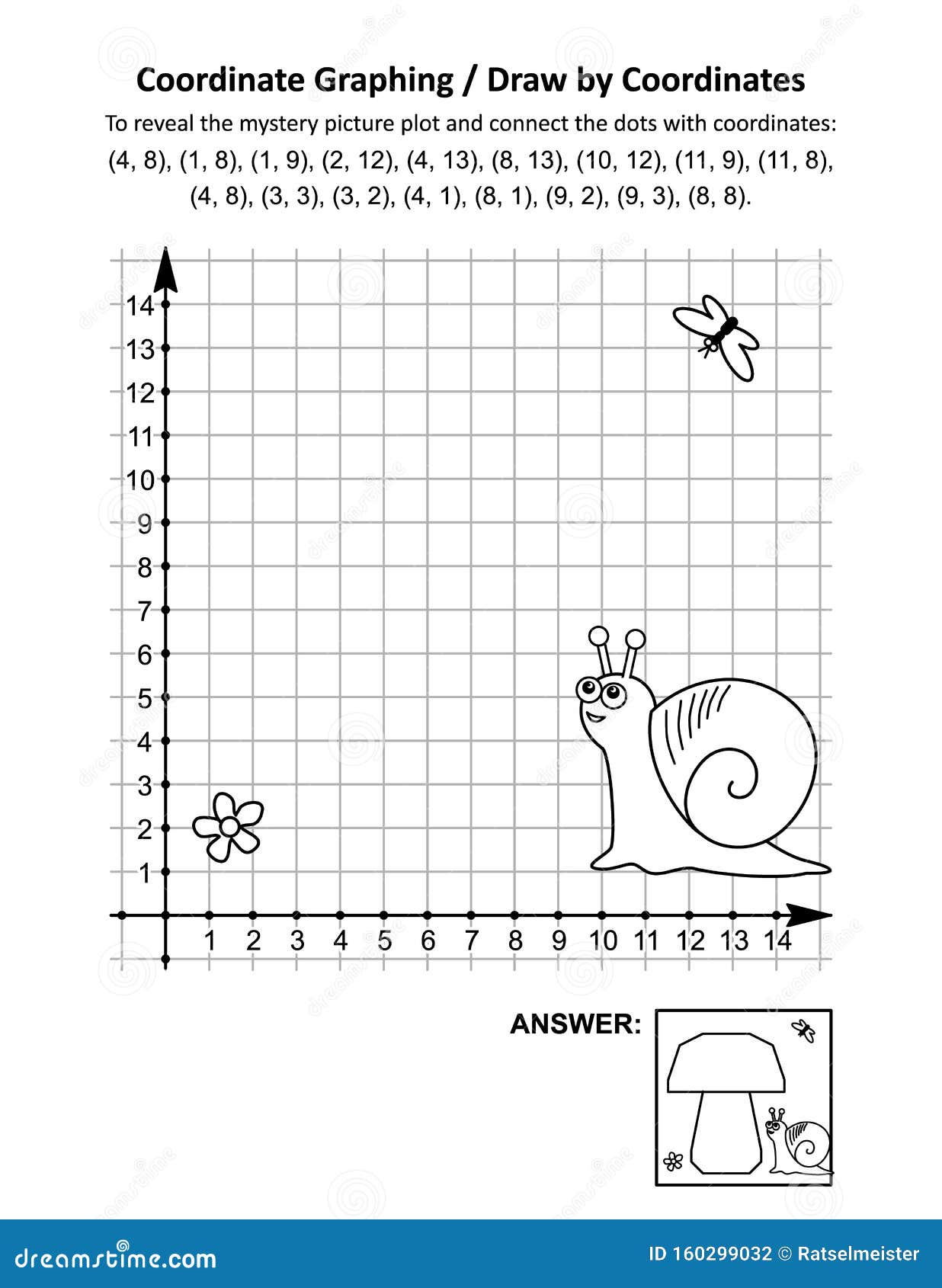 coordinate graphing, or draw by coordinates, math worksheet with big mushroom and a snail