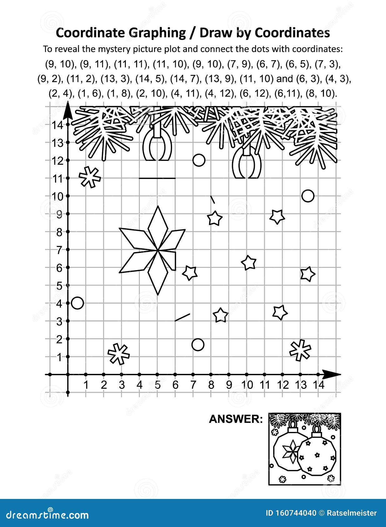 coordinate graphing, or draw by coordinates, math worksheet with christmas baubles