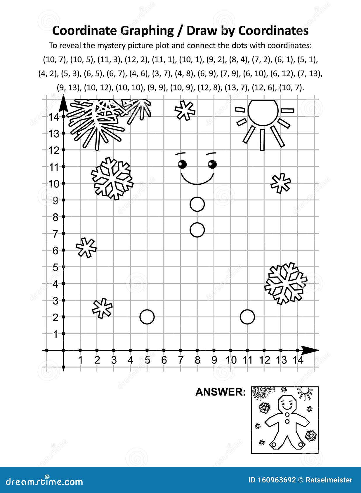 coordinate graphing, or draw by coordinates, math worksheet with christmas gingerbread man