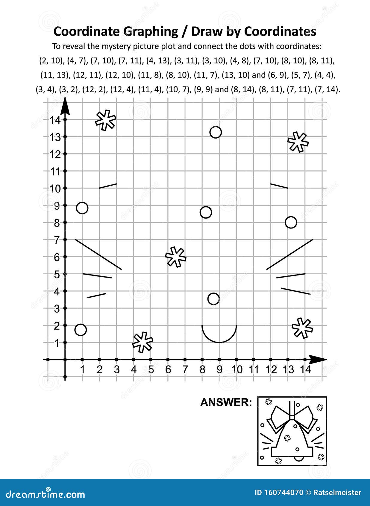 coordinate graphing, or draw by coordinates, math worksheet with christmas ringing bell