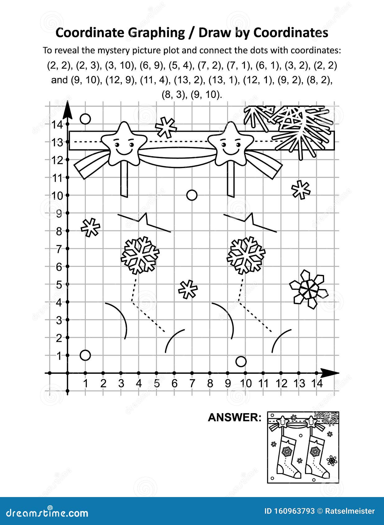 coordinate graphing, or draw by coordinates, math worksheet with christmas stockings