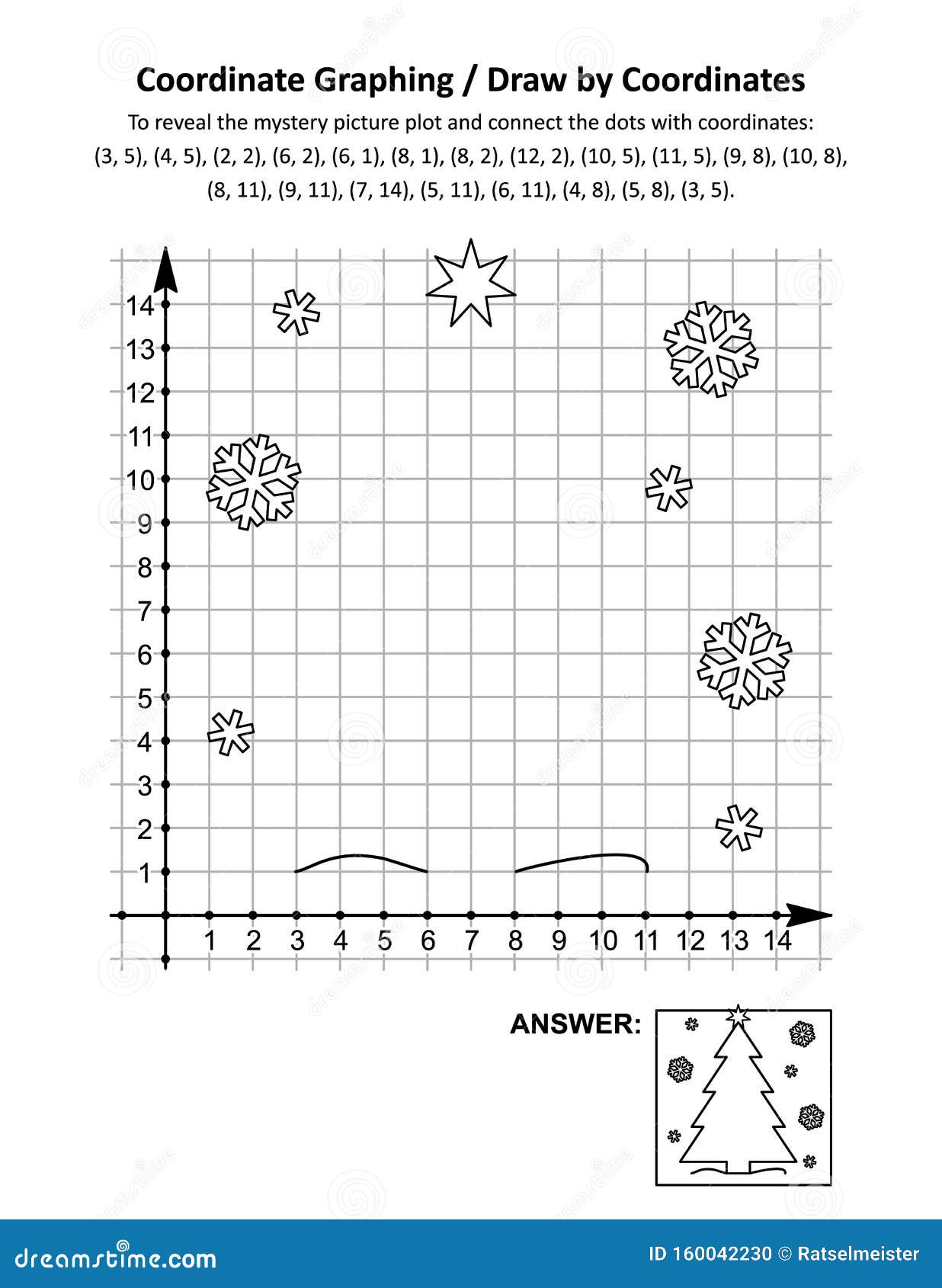 coordinate graphing, or draw by coordinates, math worksheet with christmas tree