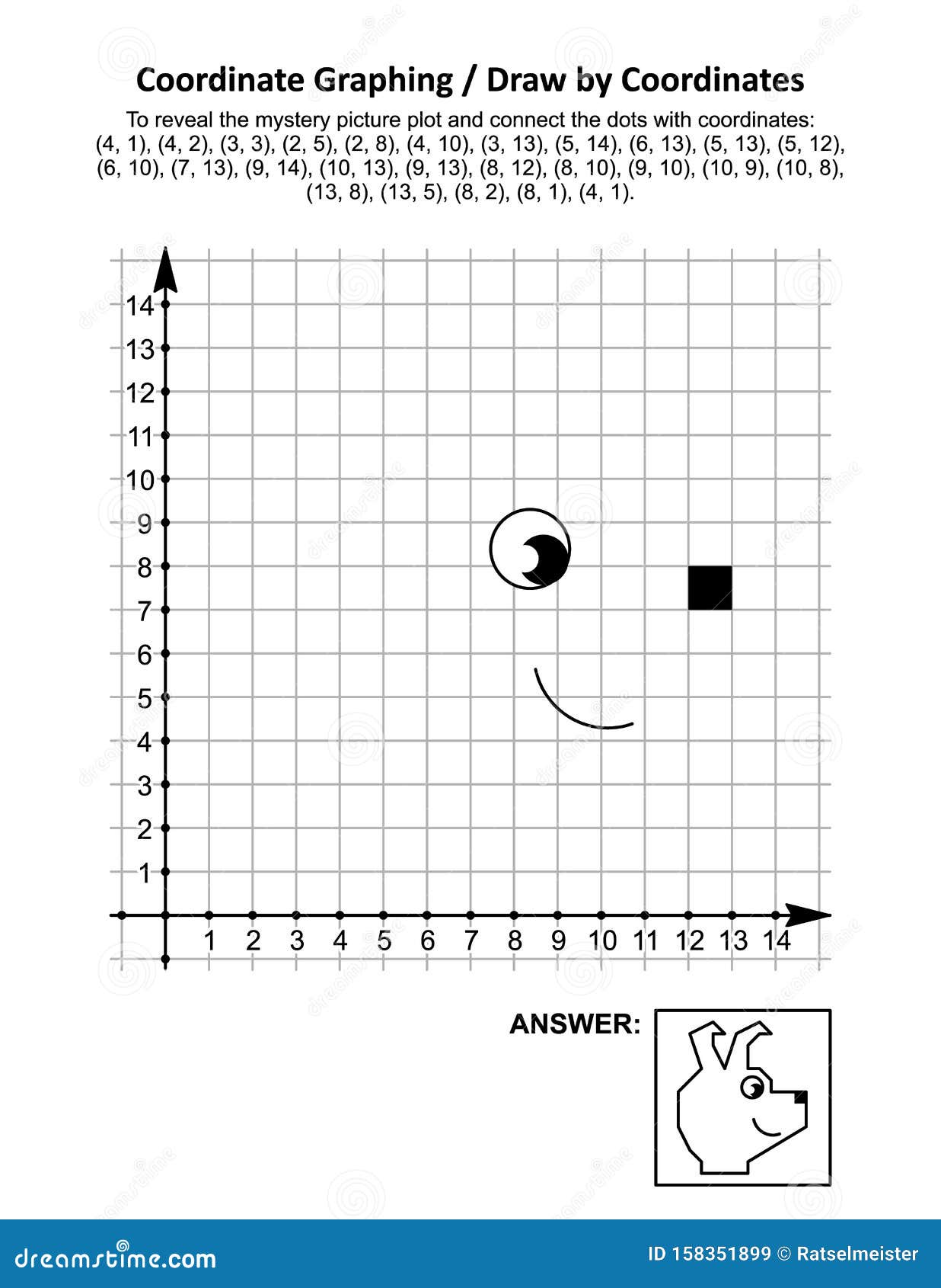 coordinate graphing, or draw by coordinates, math worksheet with cute dog