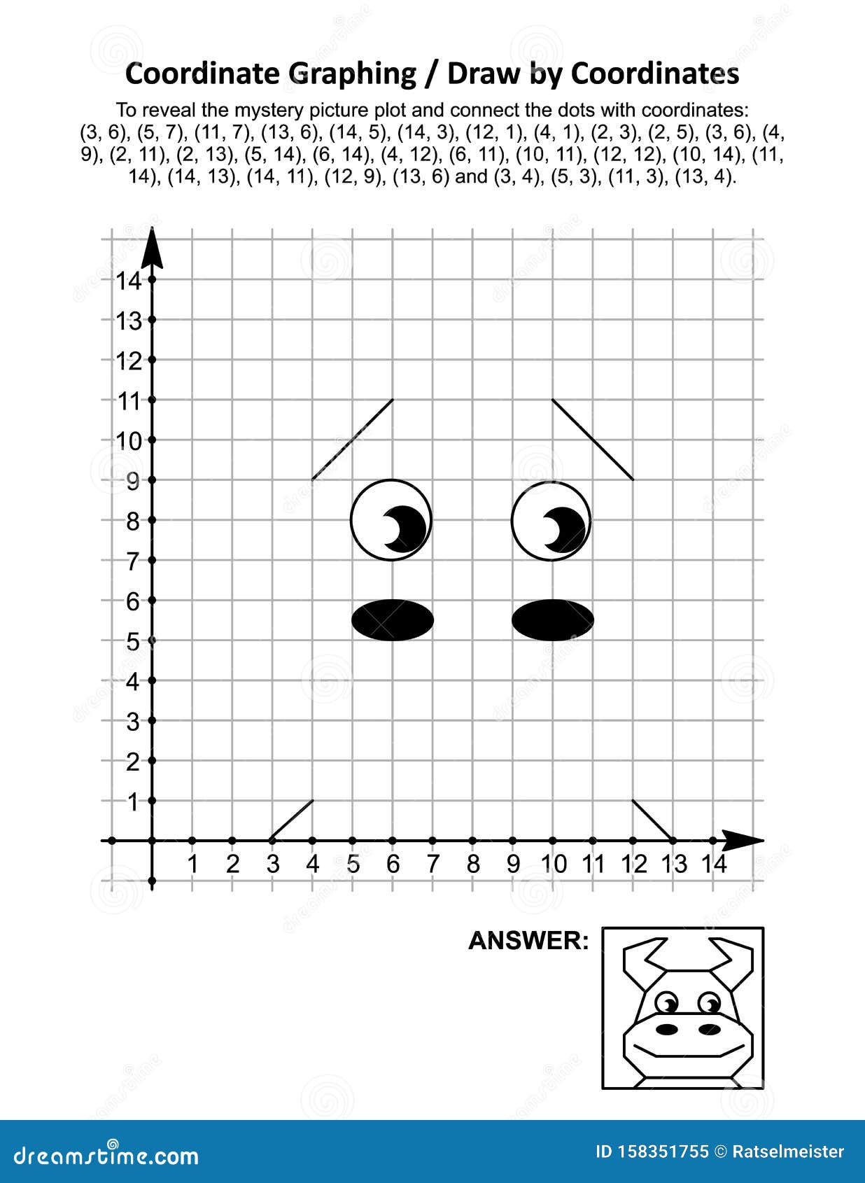 coordinate graphing, or draw by coordinates, math worksheet with cute young bull or cow