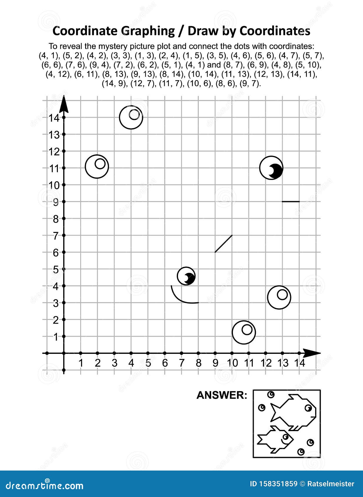 coordinate graphing, or draw by coordinates, math worksheet with fishes