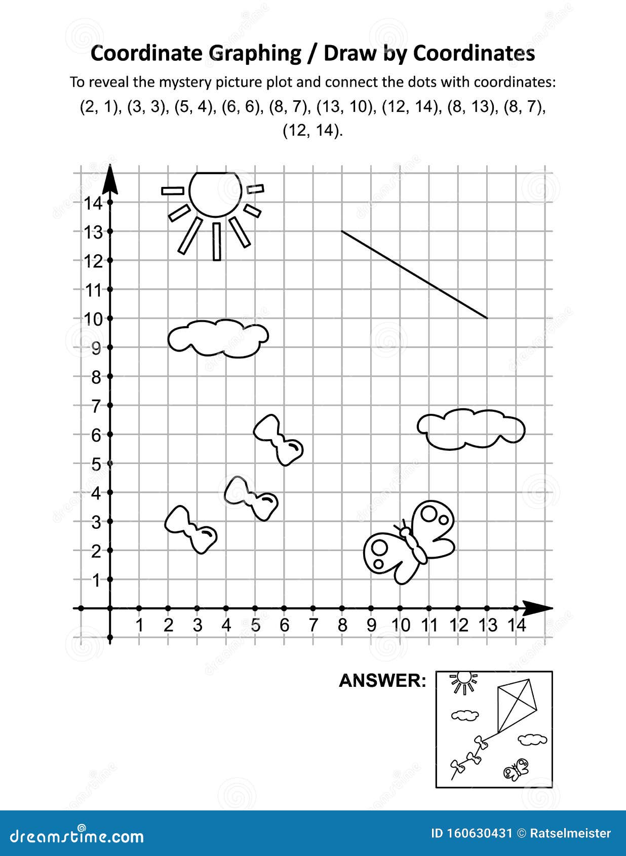 coordinate graphing, or draw by coordinates, math worksheet with flying kite