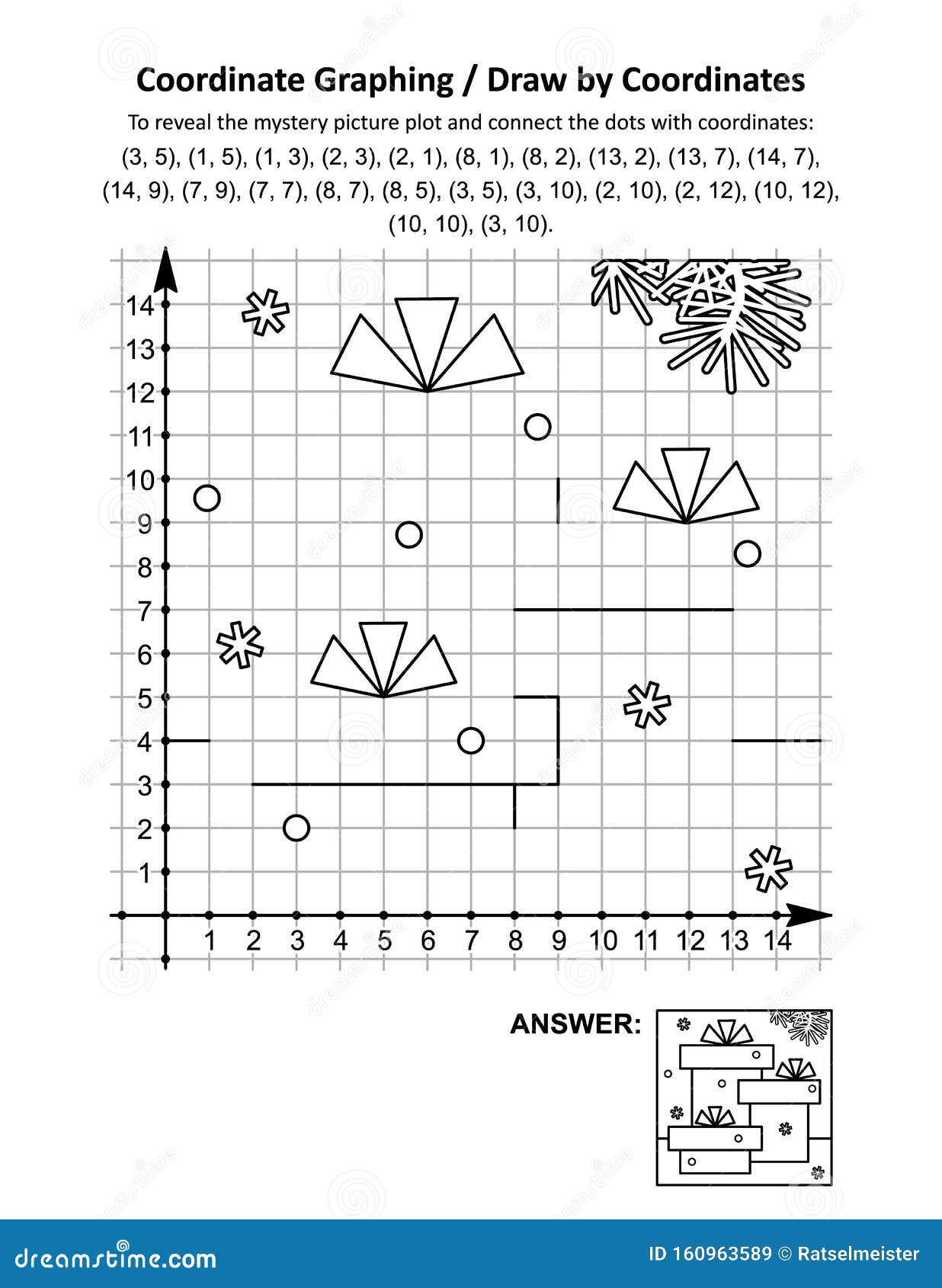 coordinate graphing, or draw by coordinates, math worksheet with gift boxes