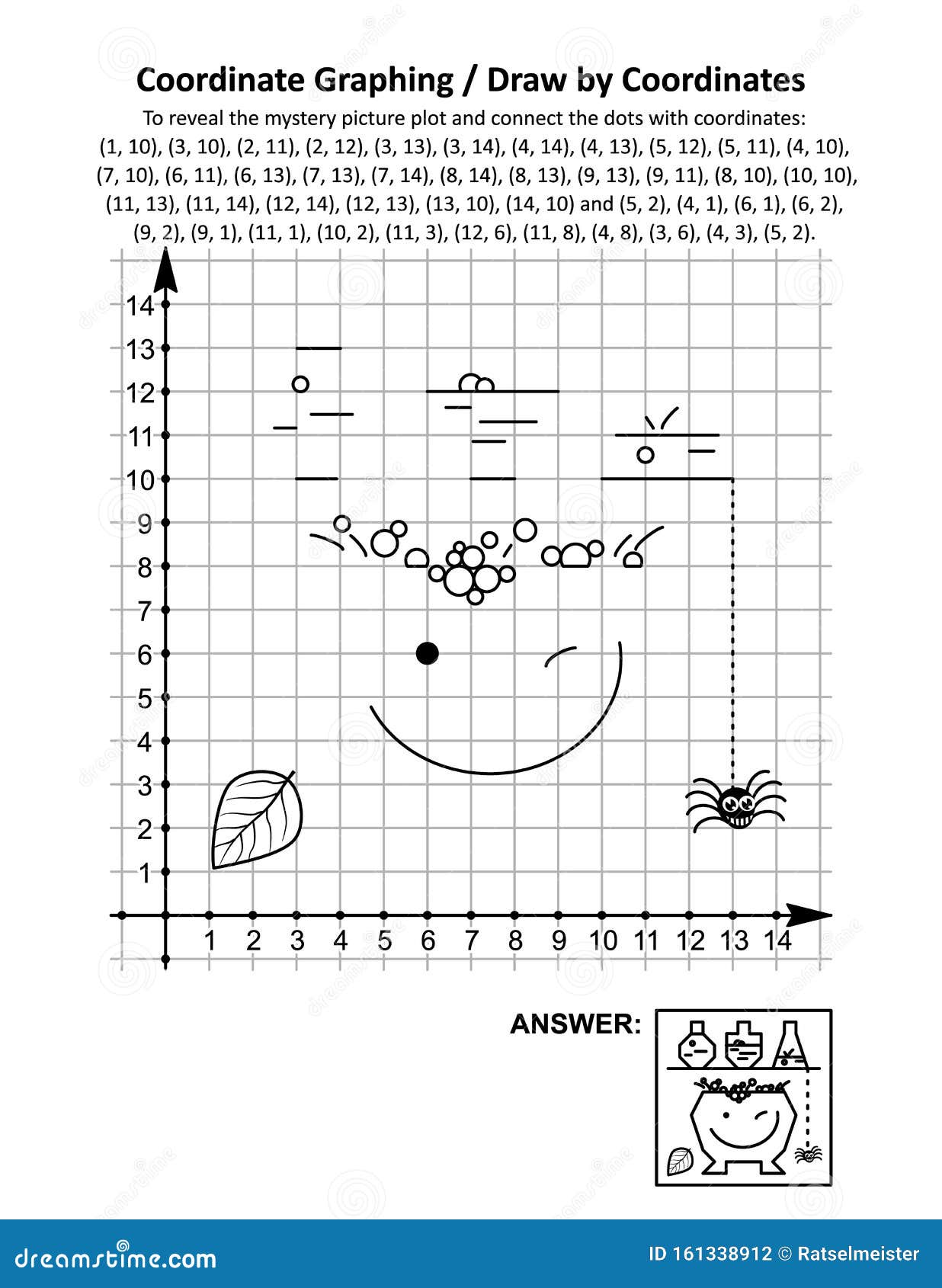 coordinate graphing, or draw by coordinates, math worksheet with halloween apothecary and witch`s pot