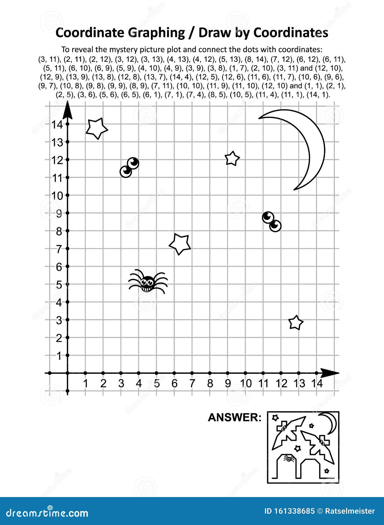 coordinate graphing, or draw by coordinates, math worksheet with halloween bats and tombs