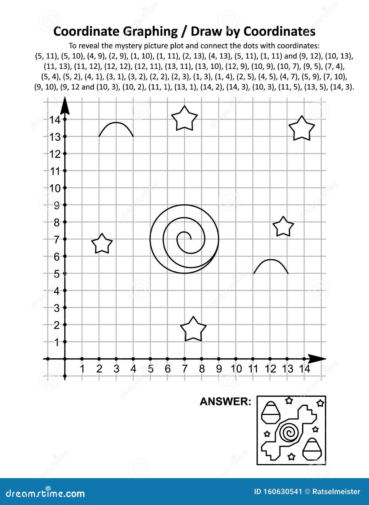 coordinate graphing, or draw by coordinates, math worksheet with halloween candies