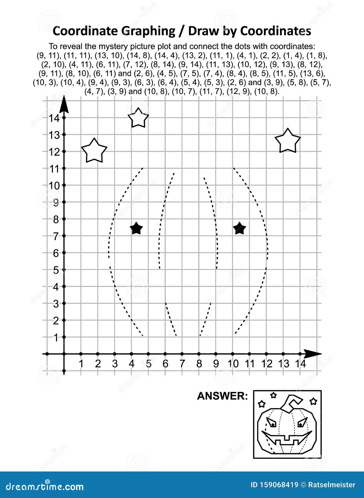 coordinate graphing, or draw by coordinates, math worksheet with halloween pumpkin