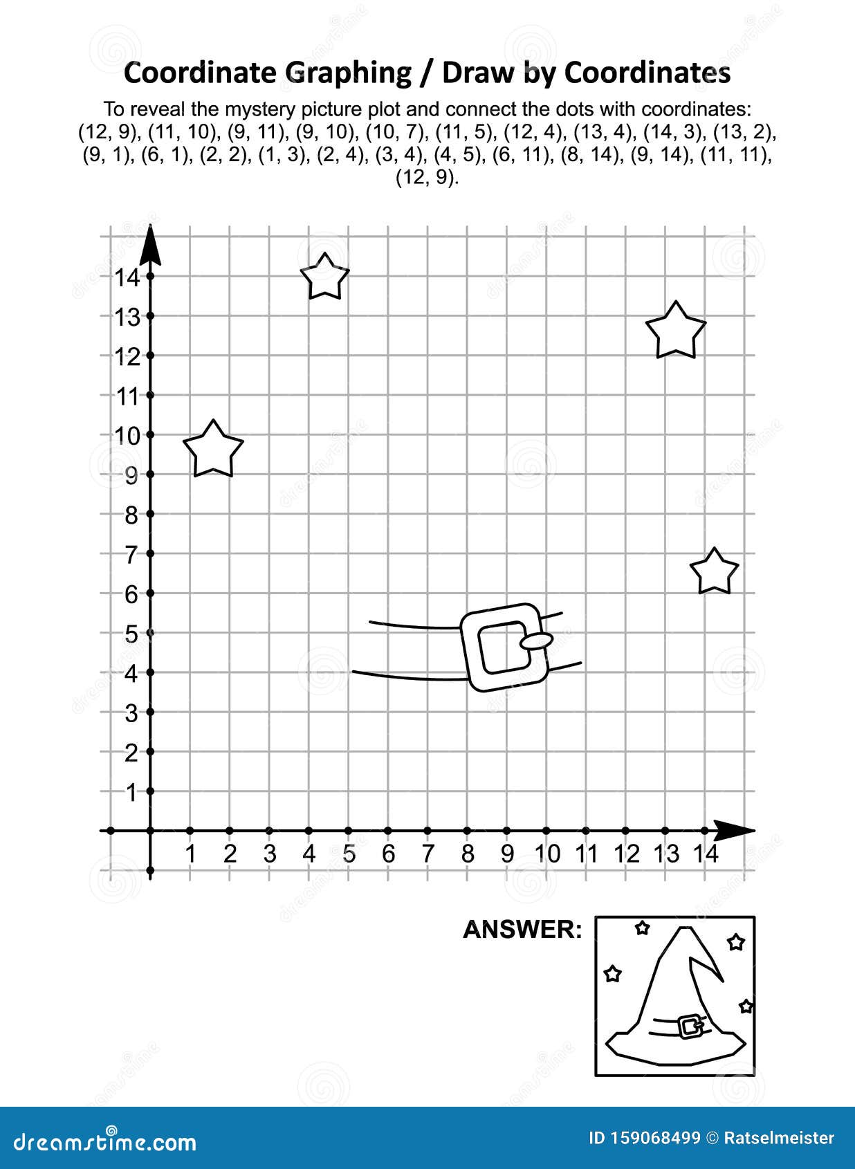 coordinate graphing, or draw by coordinates, math worksheet with halloween witch hat