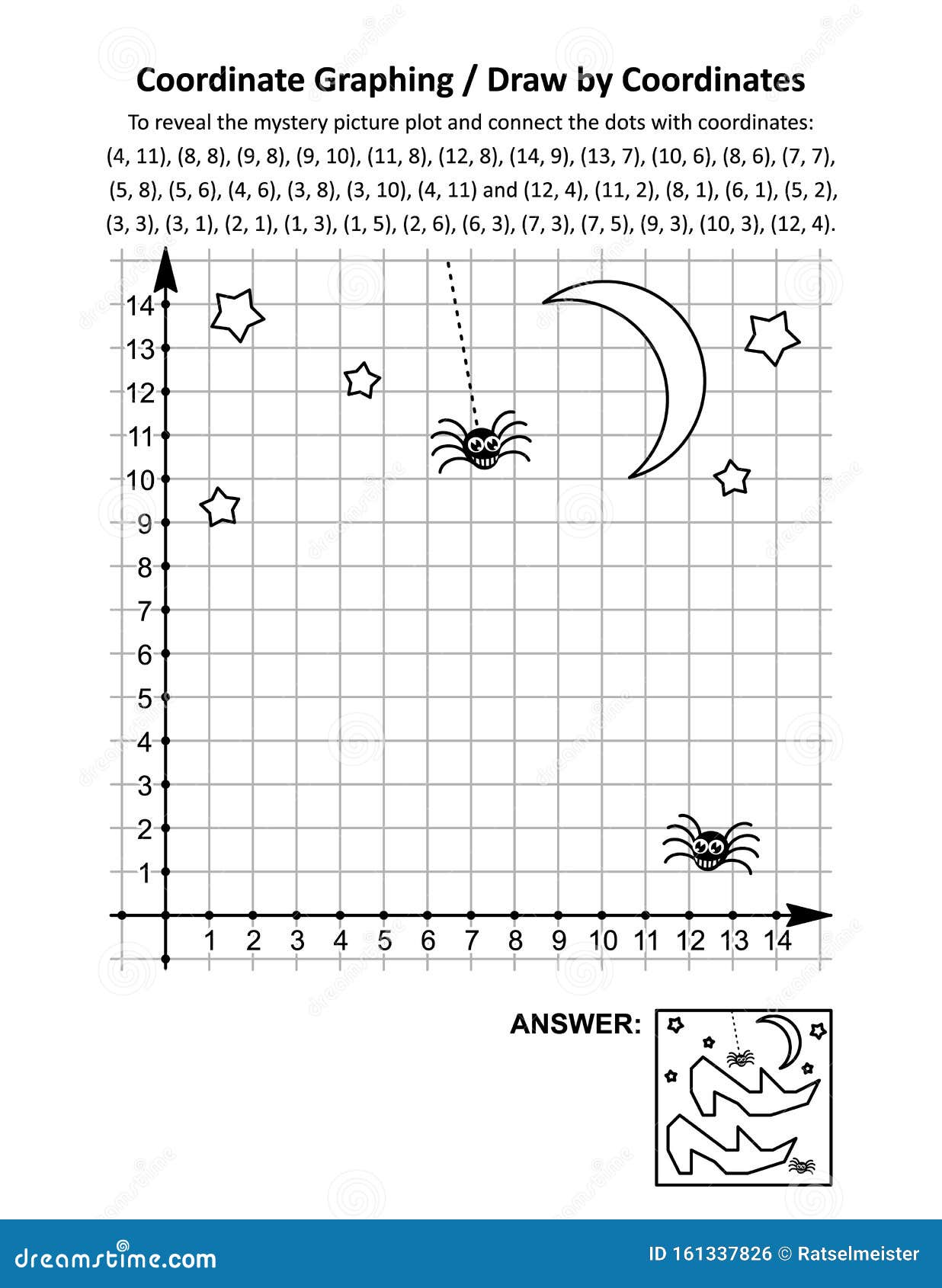 coordinate graphing, or draw by coordinates, math worksheet with halloween witch`s shoes