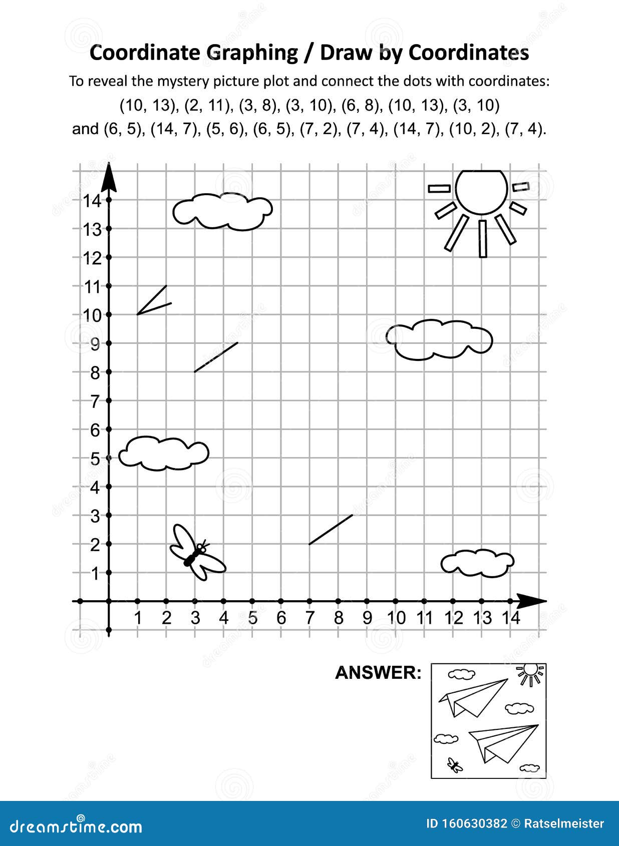 coordinate graphing, or draw by coordinates, math worksheet with paper planes