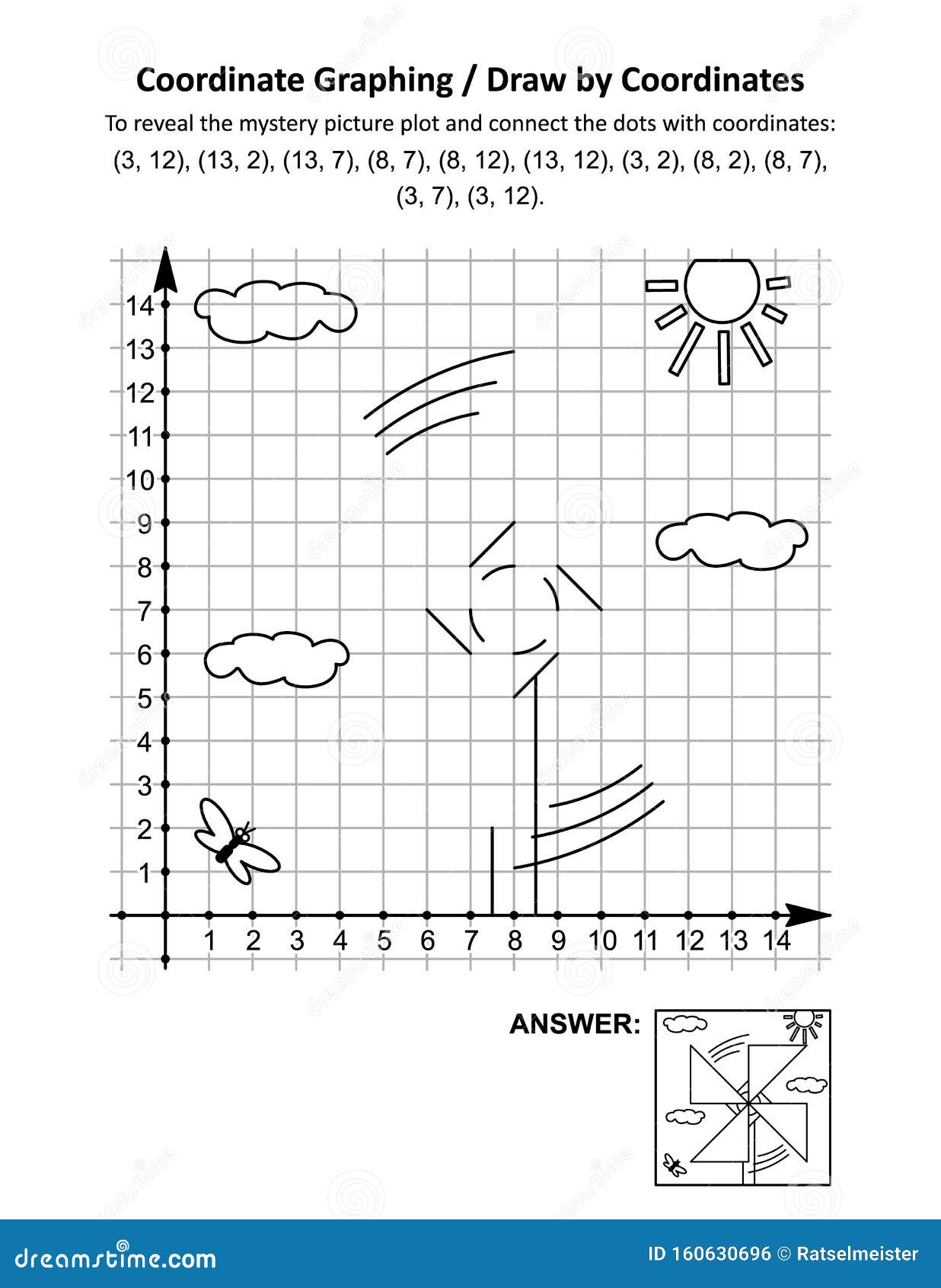 coordinate graphing, or draw by coordinates, math worksheet with pinwheel toy