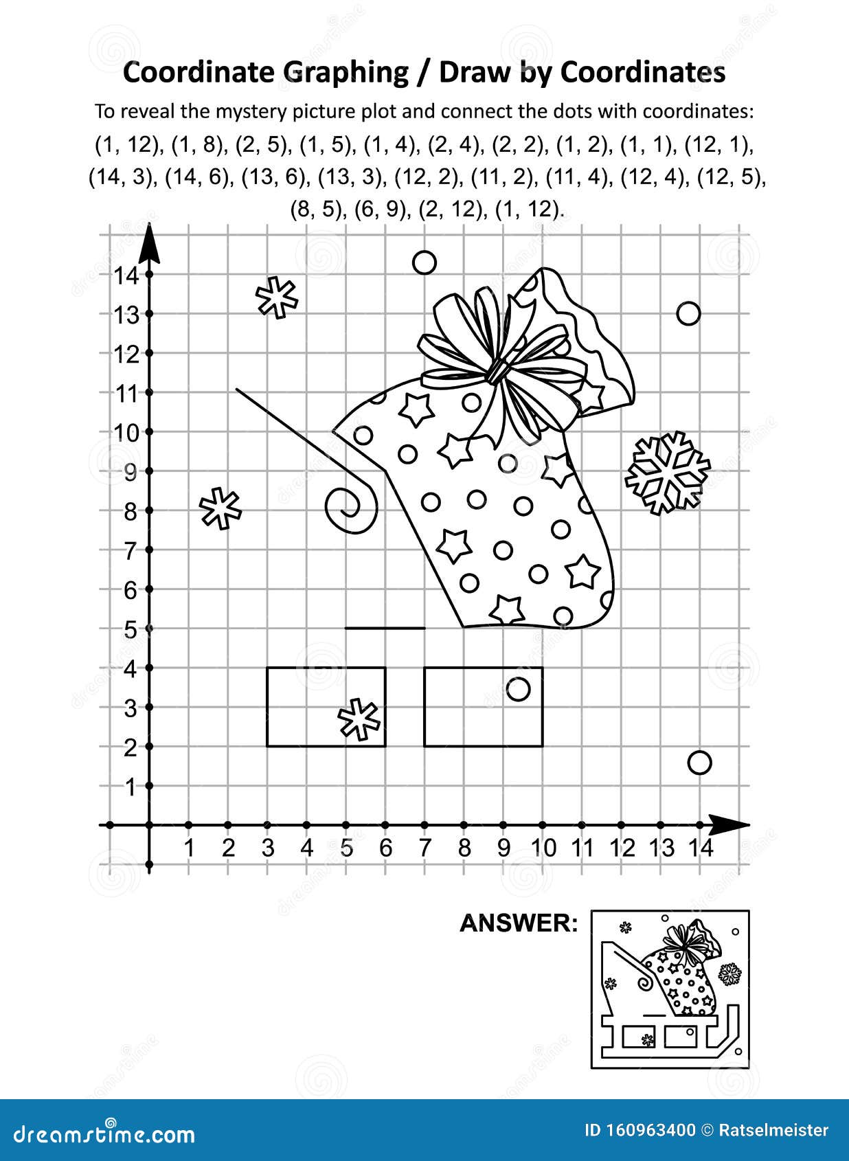 coordinate graphing, or draw by coordinates, math worksheet with santa`s sack on the sleigh