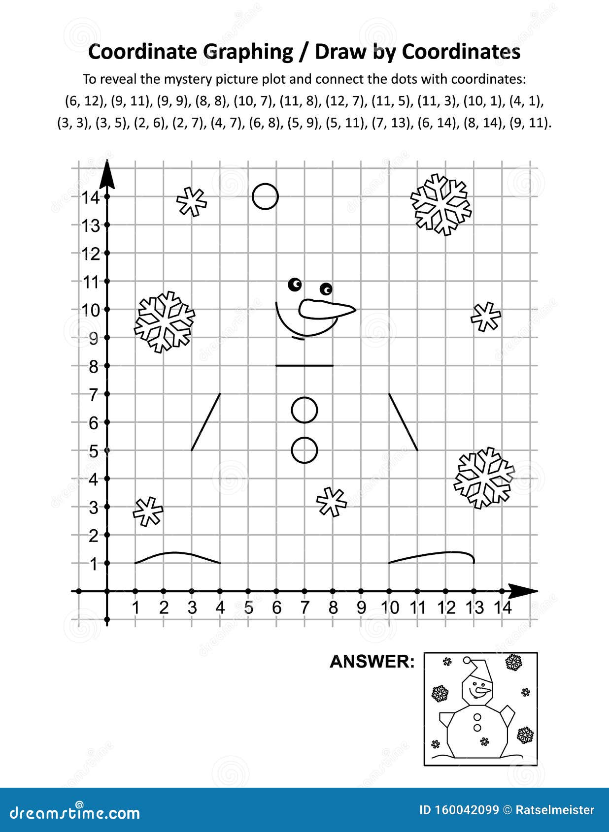 coordinate graphing, or draw by coordinates, math worksheet with snowman