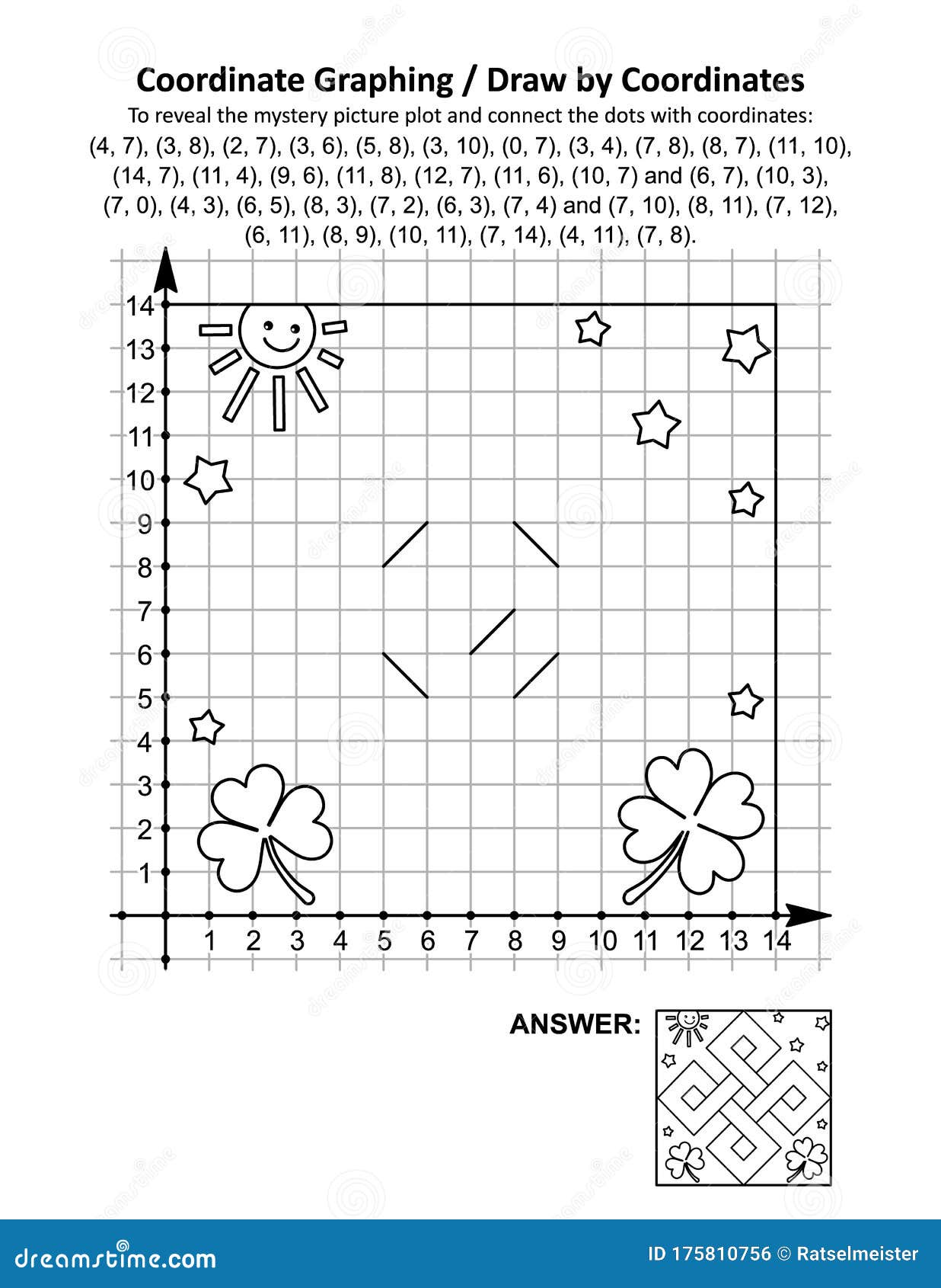 coordinate graphing, or draw by coordinates, math worksheet with st patrick`s day celtic 