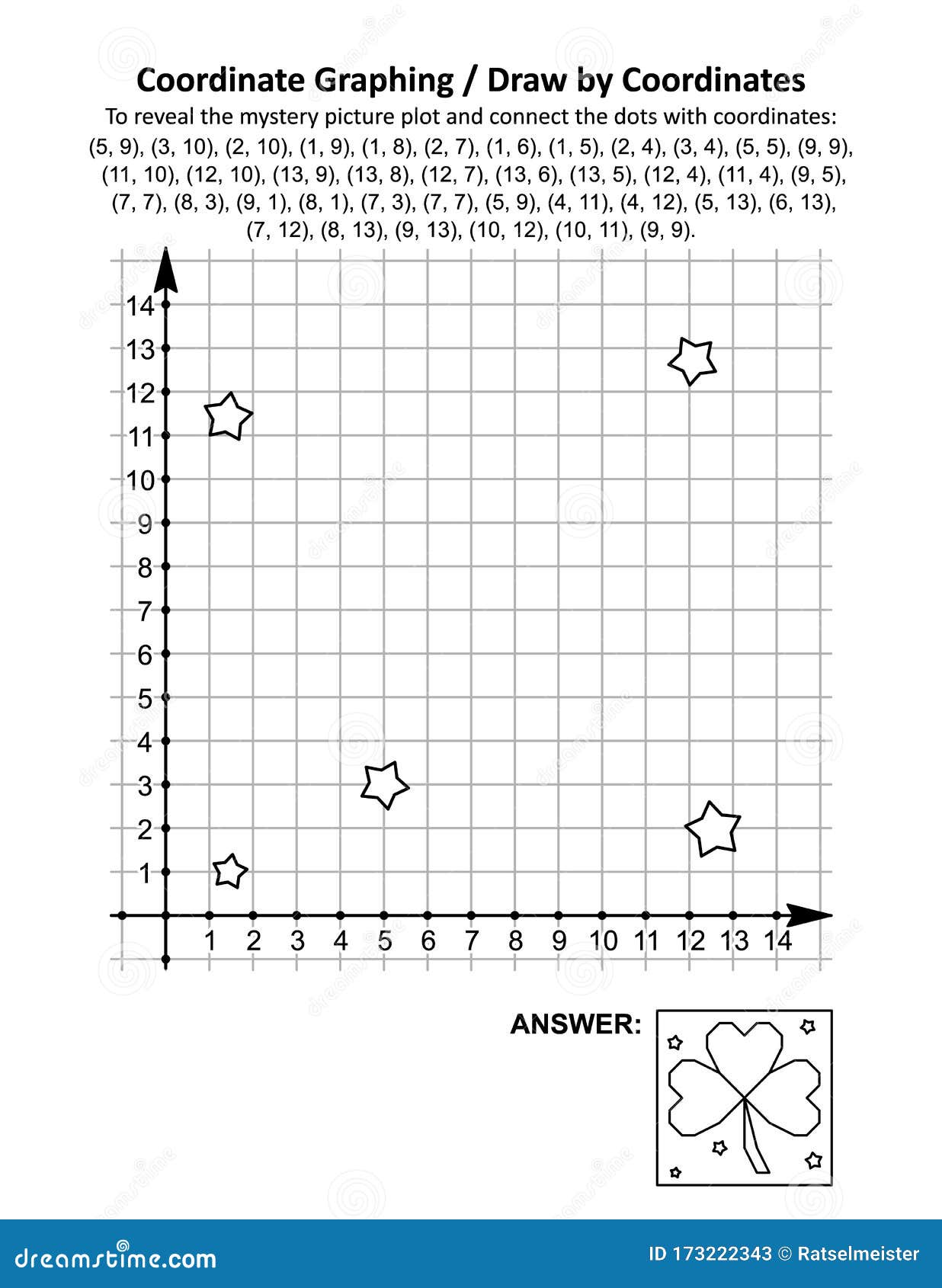 coordinate graphing, or draw by coordinates, math worksheet with st patrick`s day mystery picture