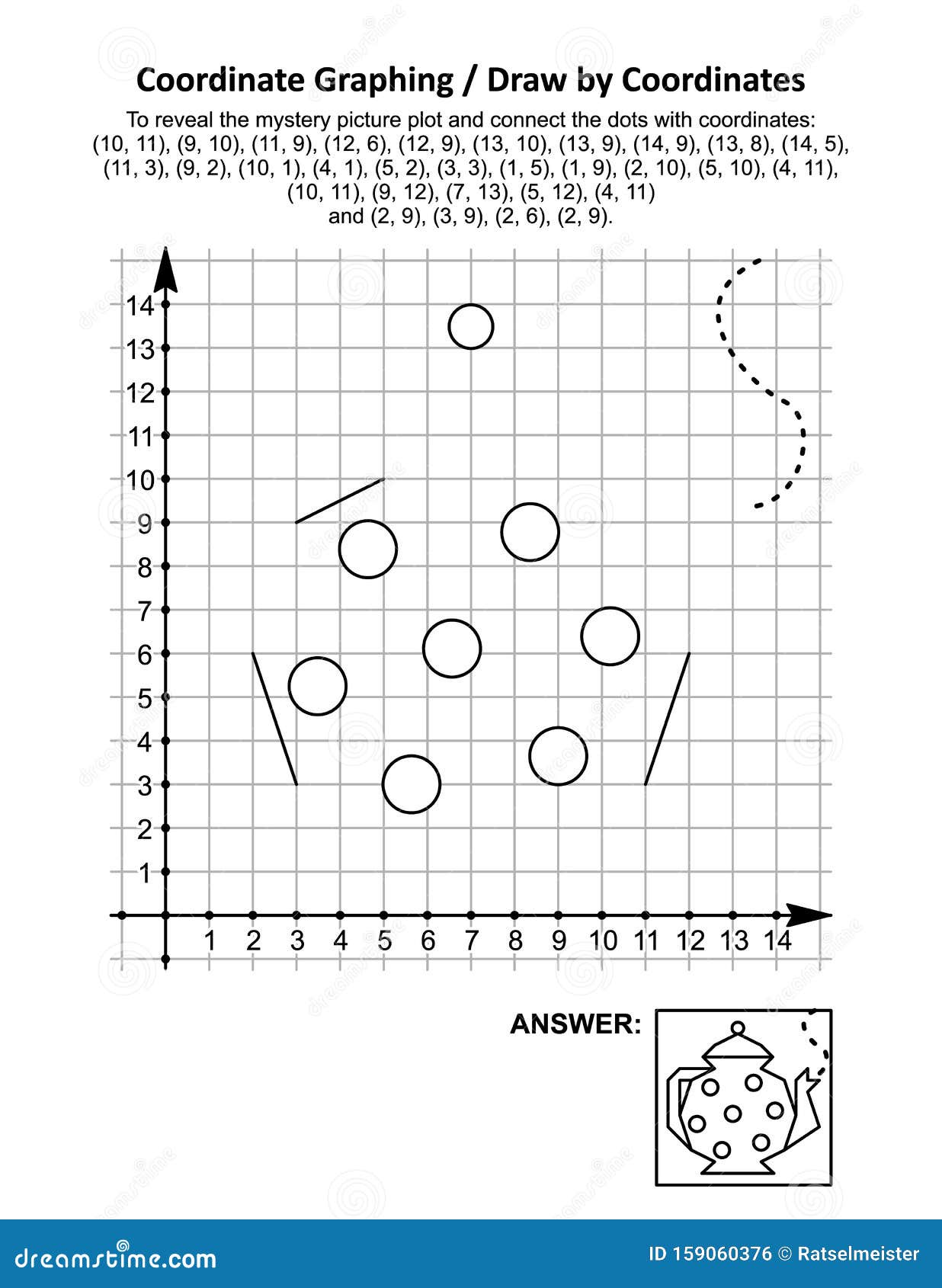 coordinate graphing, or draw by coordinates, math worksheet with a teapot