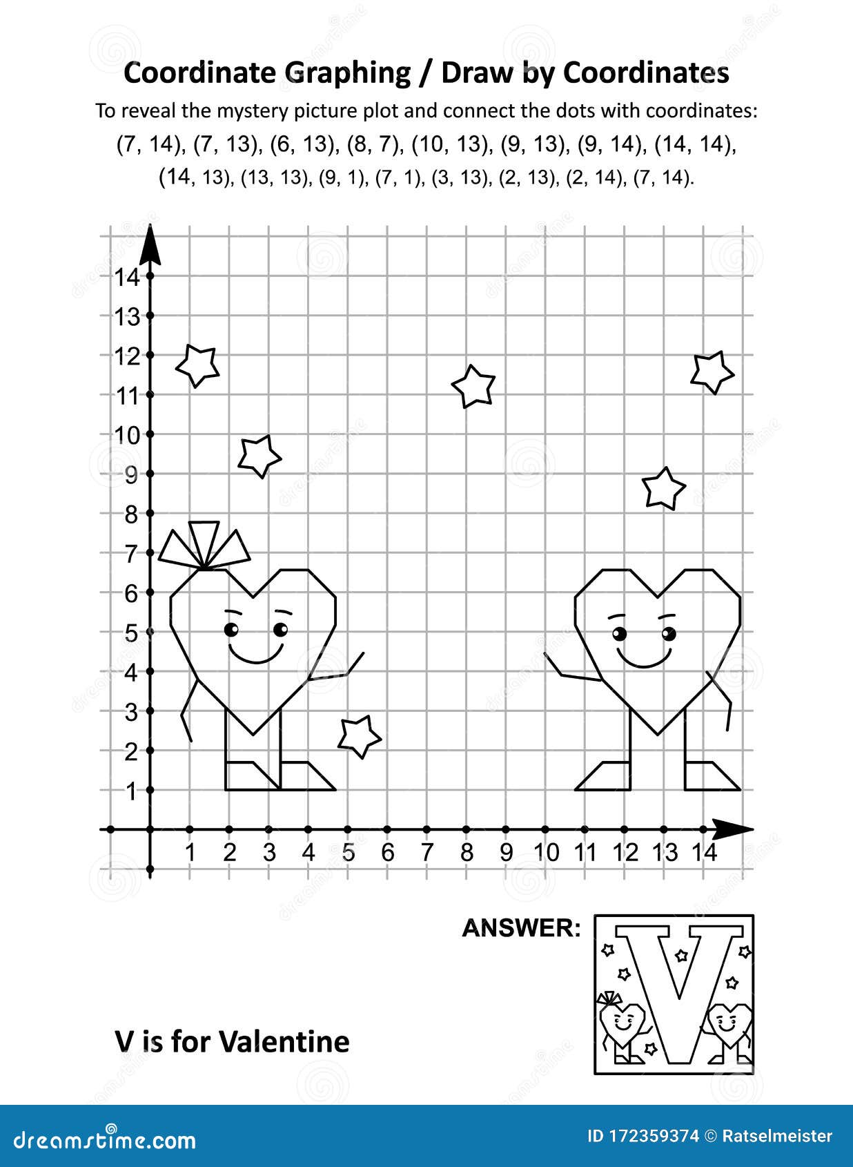 coordinate graphing, or draw by coordinates, math worksheet with valentine`s day mystery picture