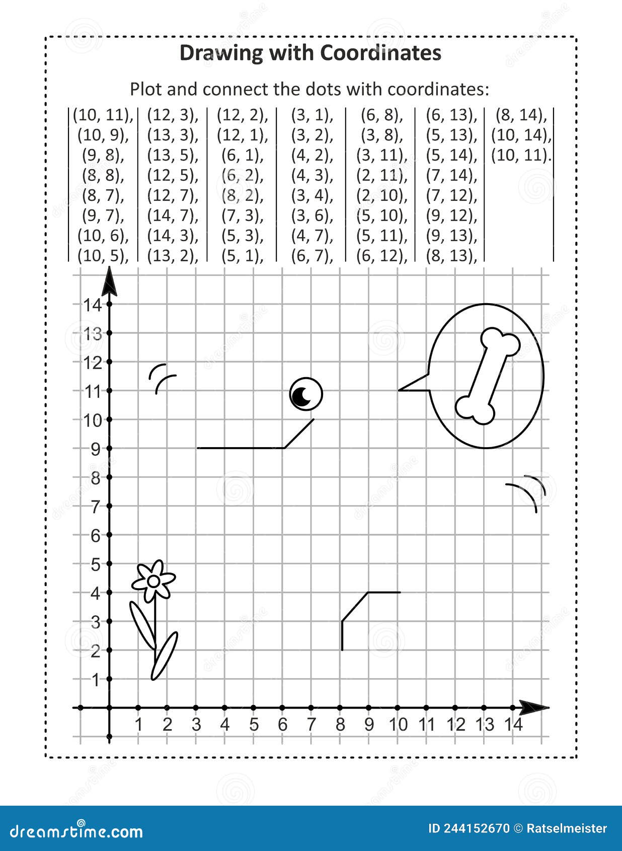 coordinate graphing, or drawing by coordinates, math worksheet with poodle dog: reveal the mystery picture by plotting and connect
