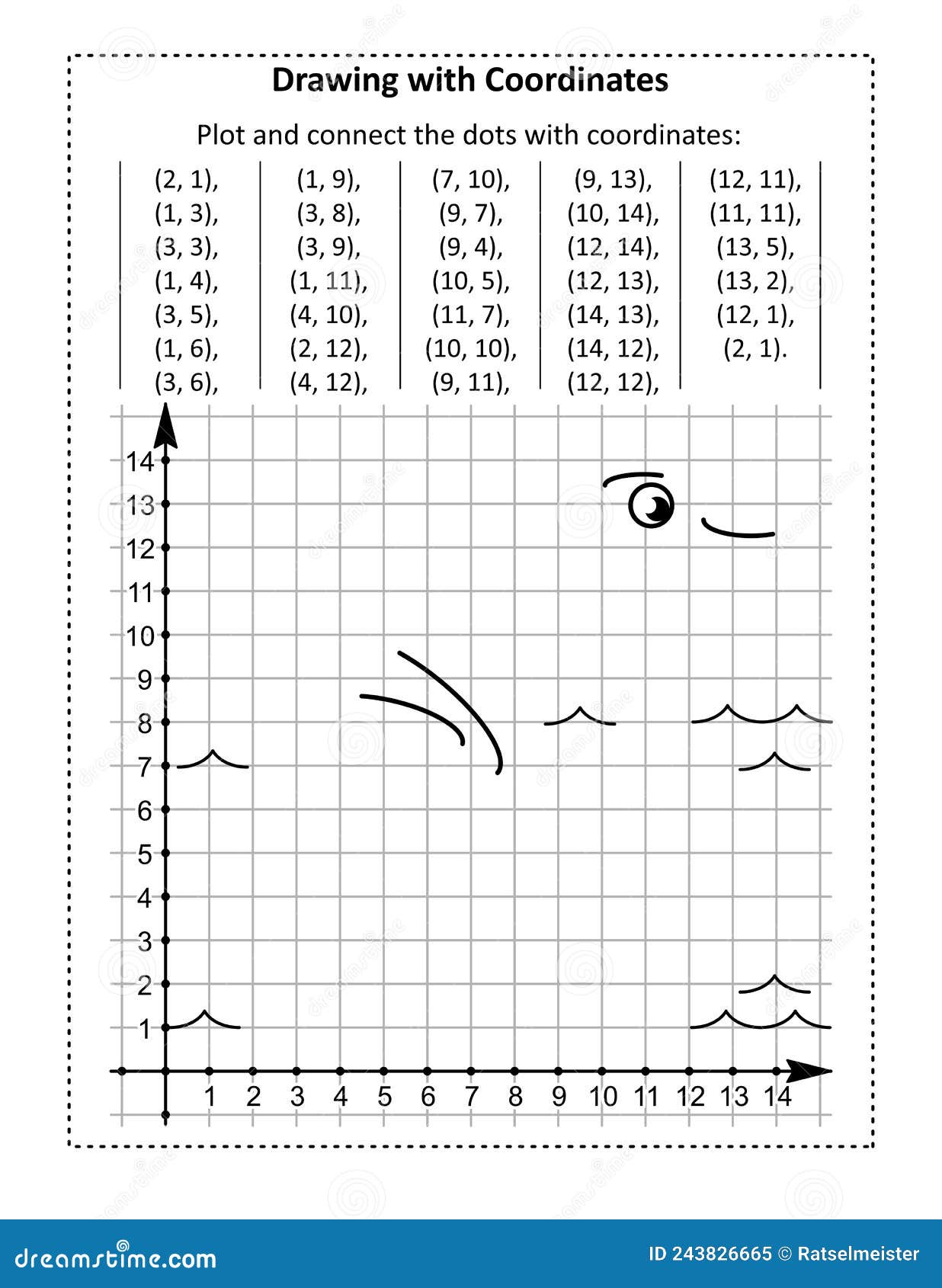 coordinate graphing, or drawing by coordinates, math worksheet with swan: reveal the mystery picture by plotting and connecting t