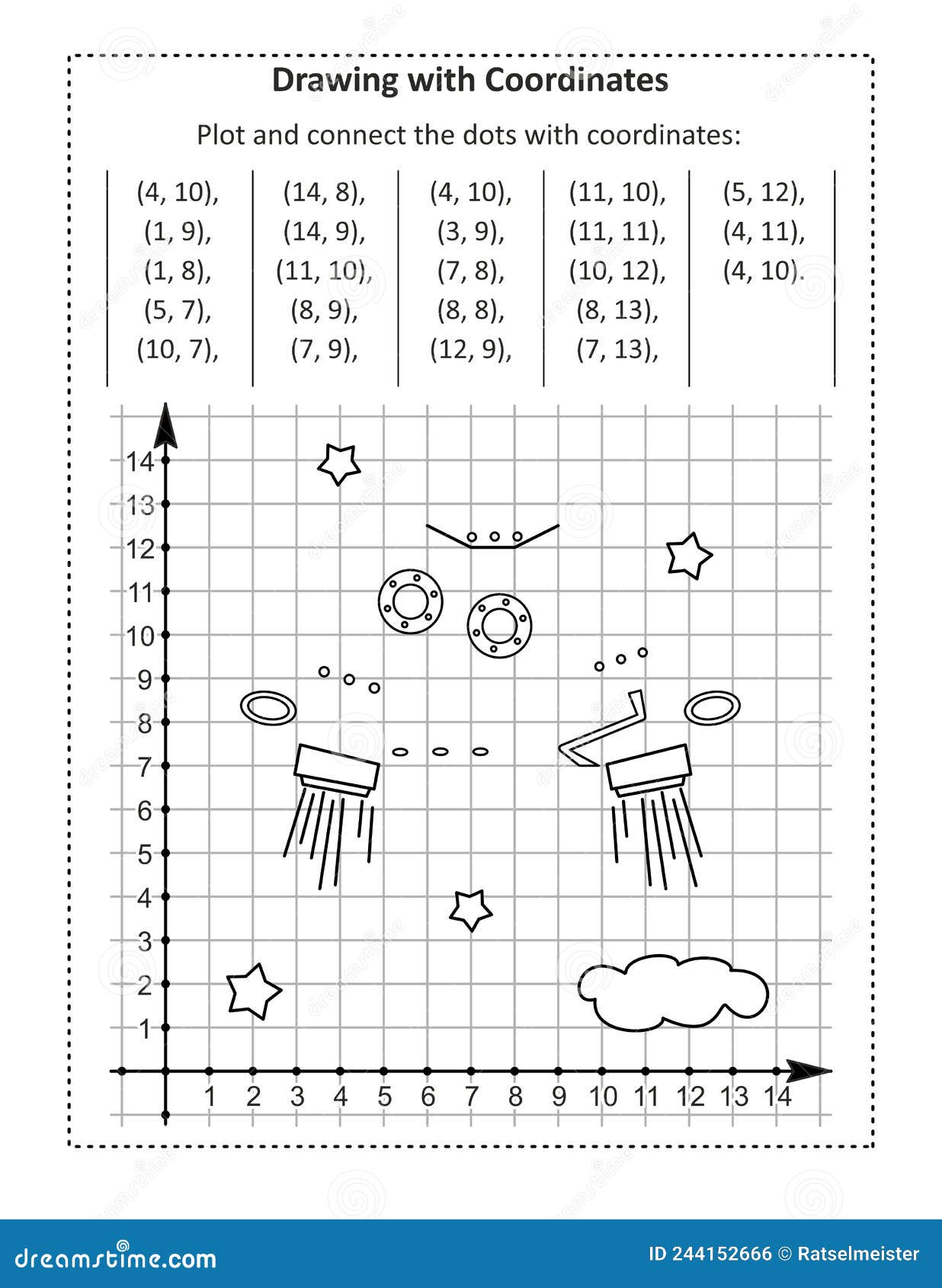 coordinate graphing, or drawing by coordinates, math worksheet with ufo: reveal the mystery picture by plotting and connecting the
