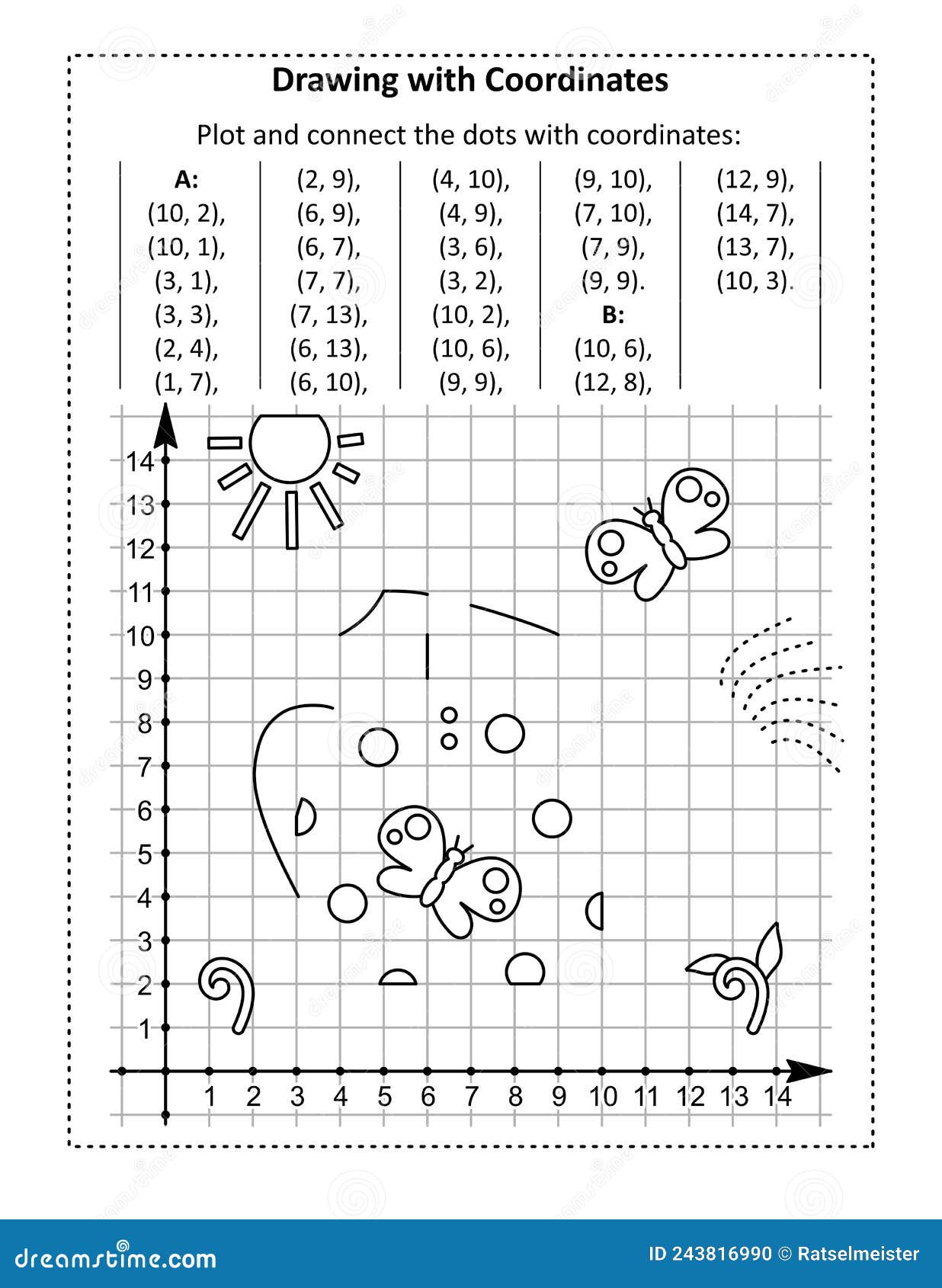 coordinate graphing, or drawing by coordinates, math worksheet with watering can: reveal the mystery picture by plotting and conne