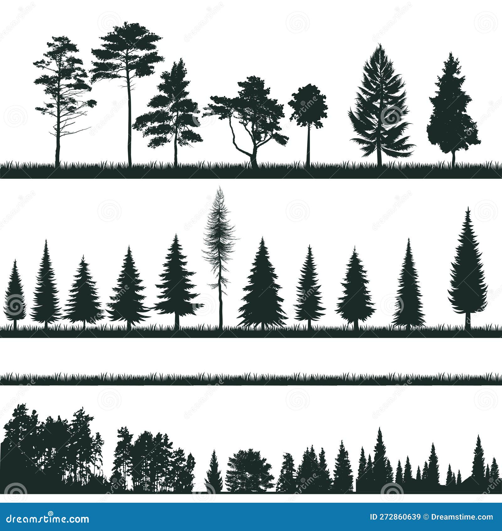 groups of tree silhouettes - conifers, shrubs, grass - s