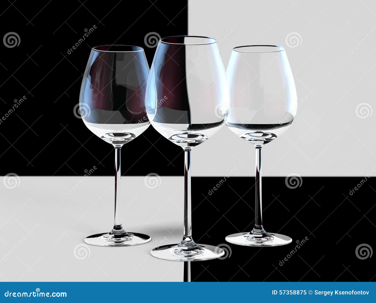 Copas vacías. Copa de vino blanco y negro con reflexiones del color