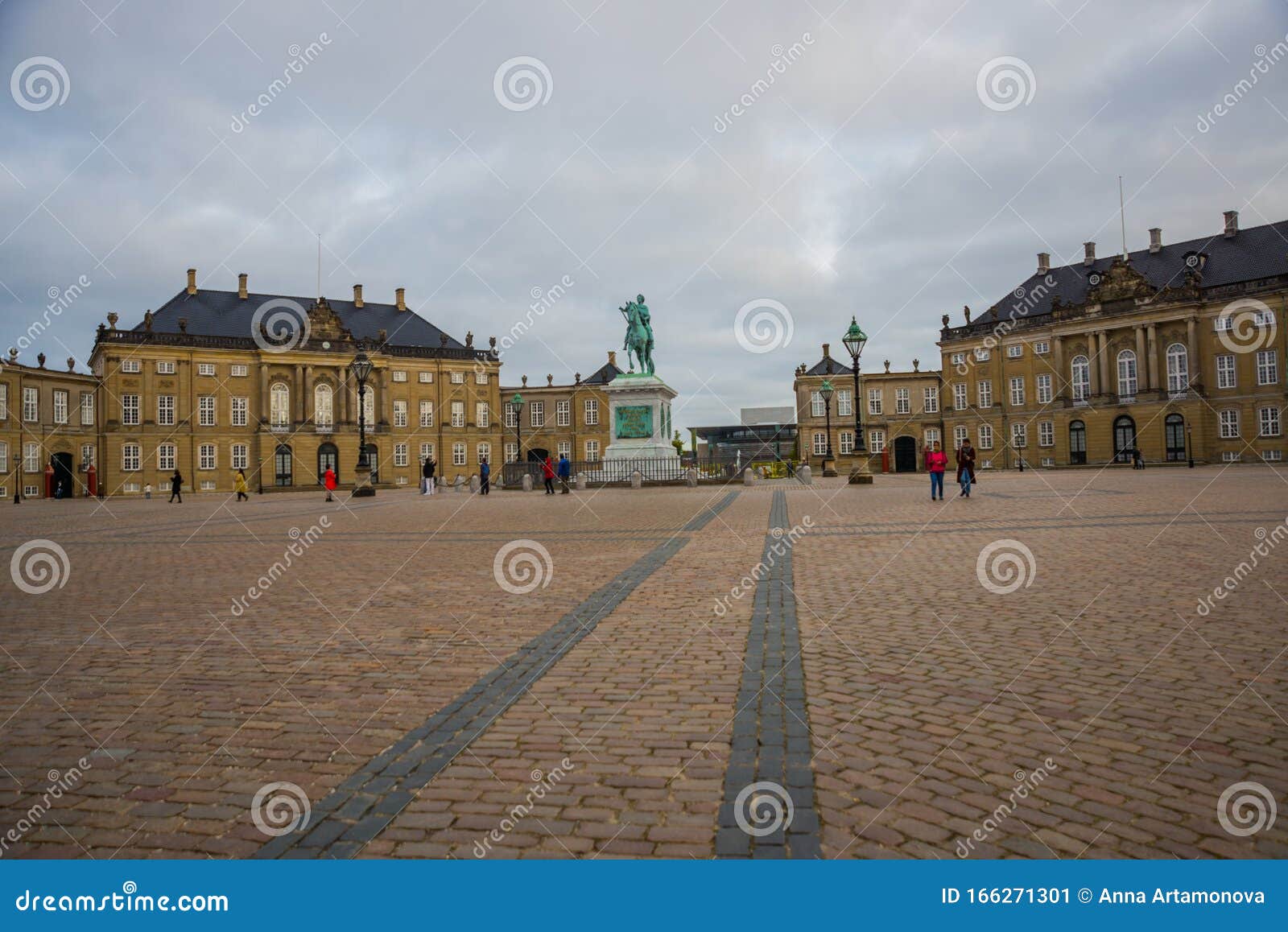 copenhagen, denmark: sculpture of frederik v on horseback in amalienborg square, it`s home of the danish royal family in