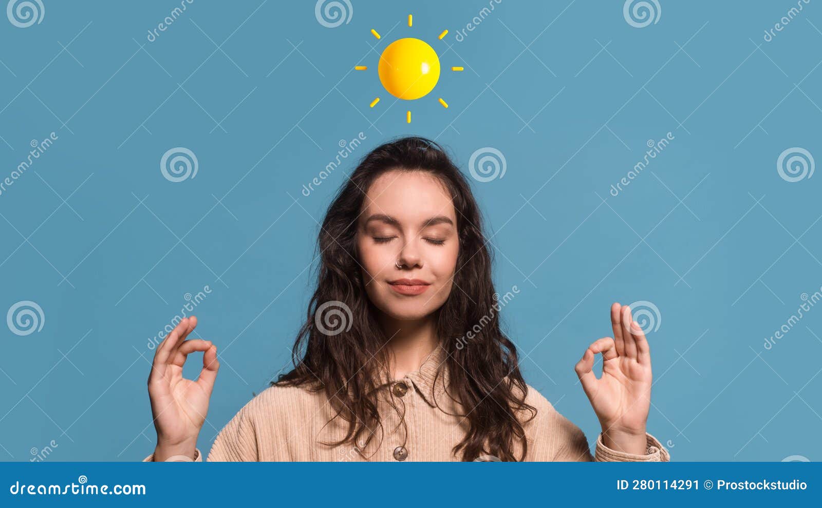 coping with stress. smiling young female meditating over blue background