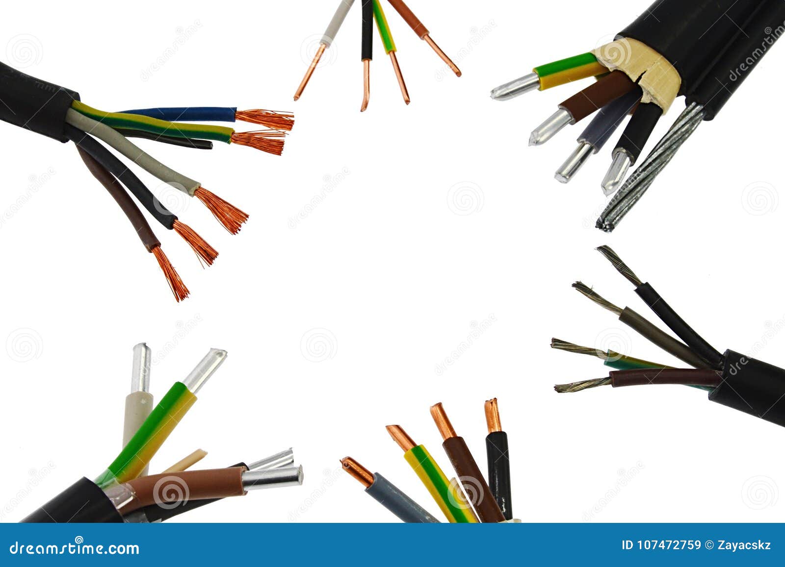 copper and aluminium power electric cable assemblies endings gathered in circle, white background