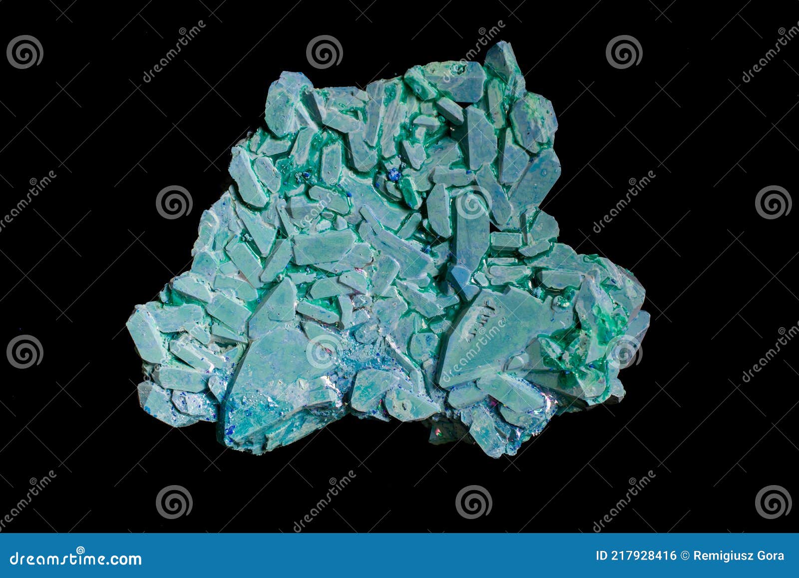 Copper Ammonium Carbonate. Blue Crystals on a Black Background Stock