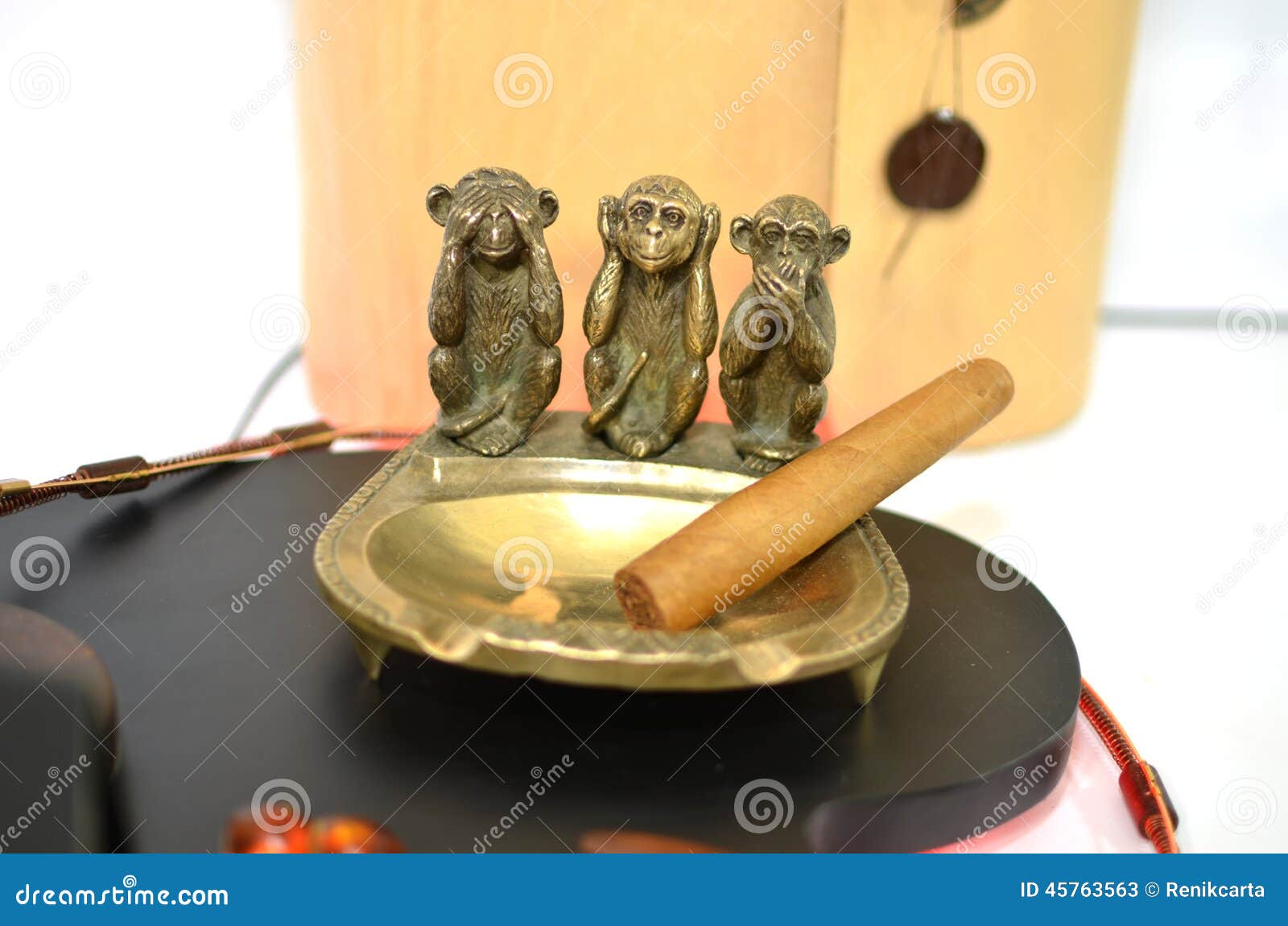 Copper Ashtray with Cigar and Three Monkeys Stock Image Image of