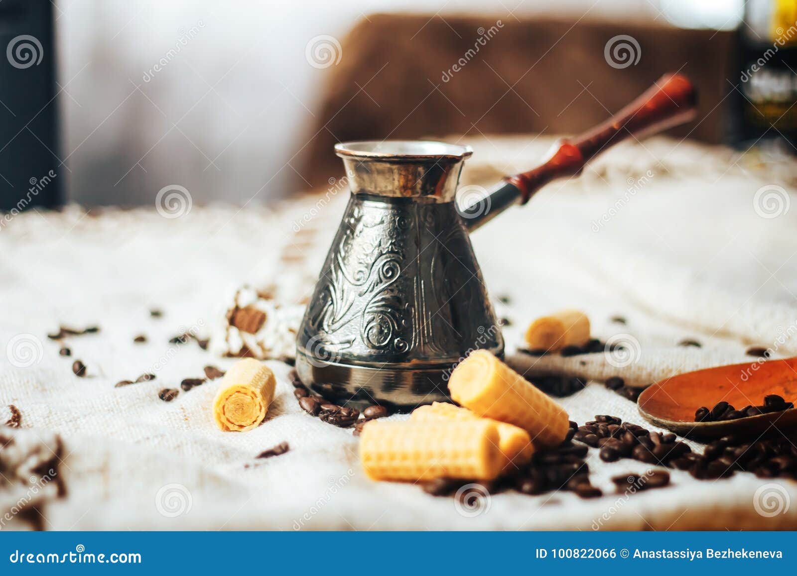 Coffee Background. Vintage Copper Turkish Coffee Pot ...