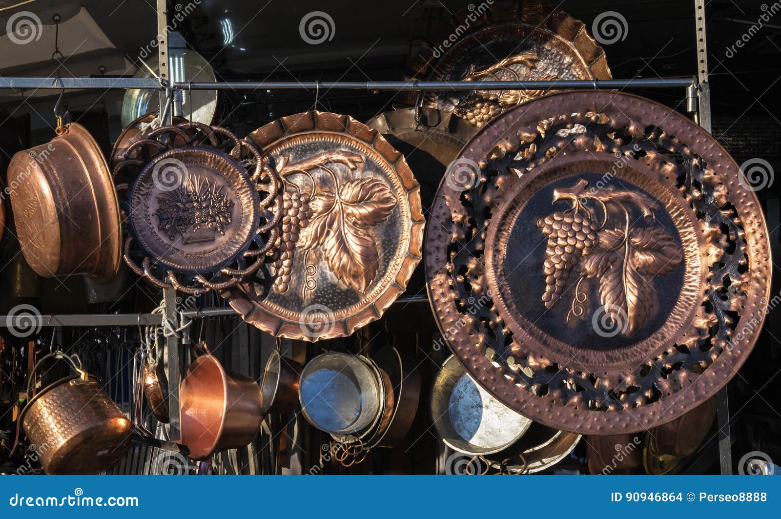 Copper Cookware on Market in Italy. Stock Photo Image of sale
