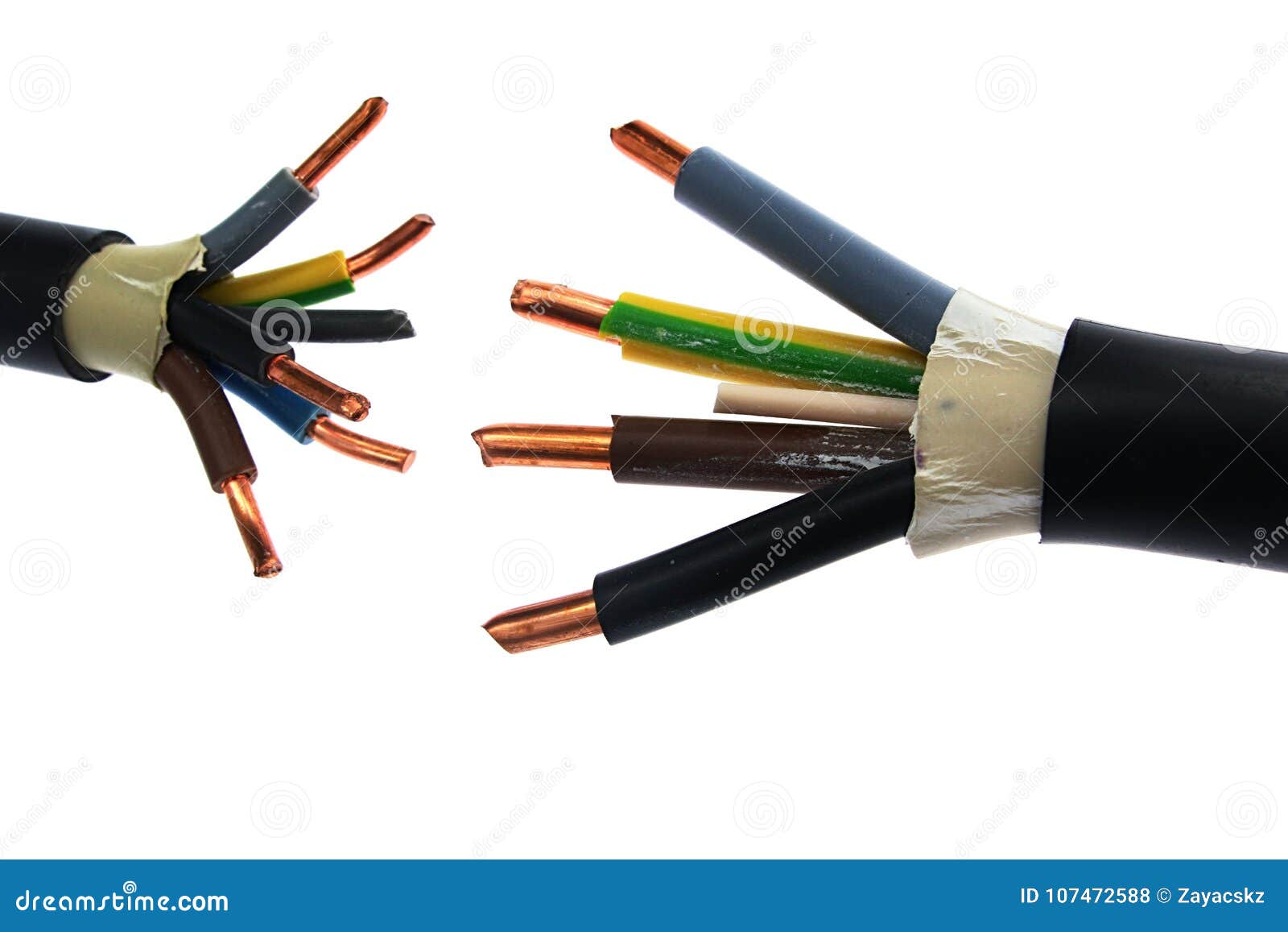 copper electric power cable assemblies in pvc insulation jackets standing against each other, white background