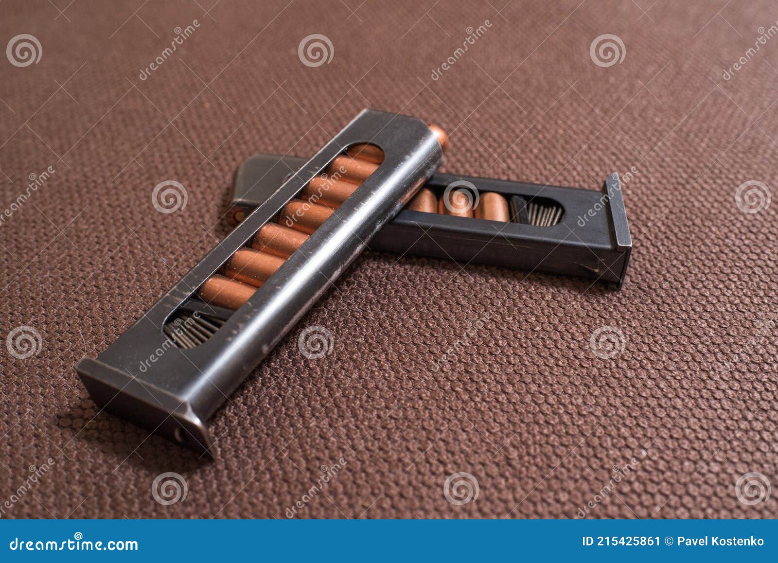 Copper Firearms Bullets and Pistol Clips. Weapon. Stock Image Image