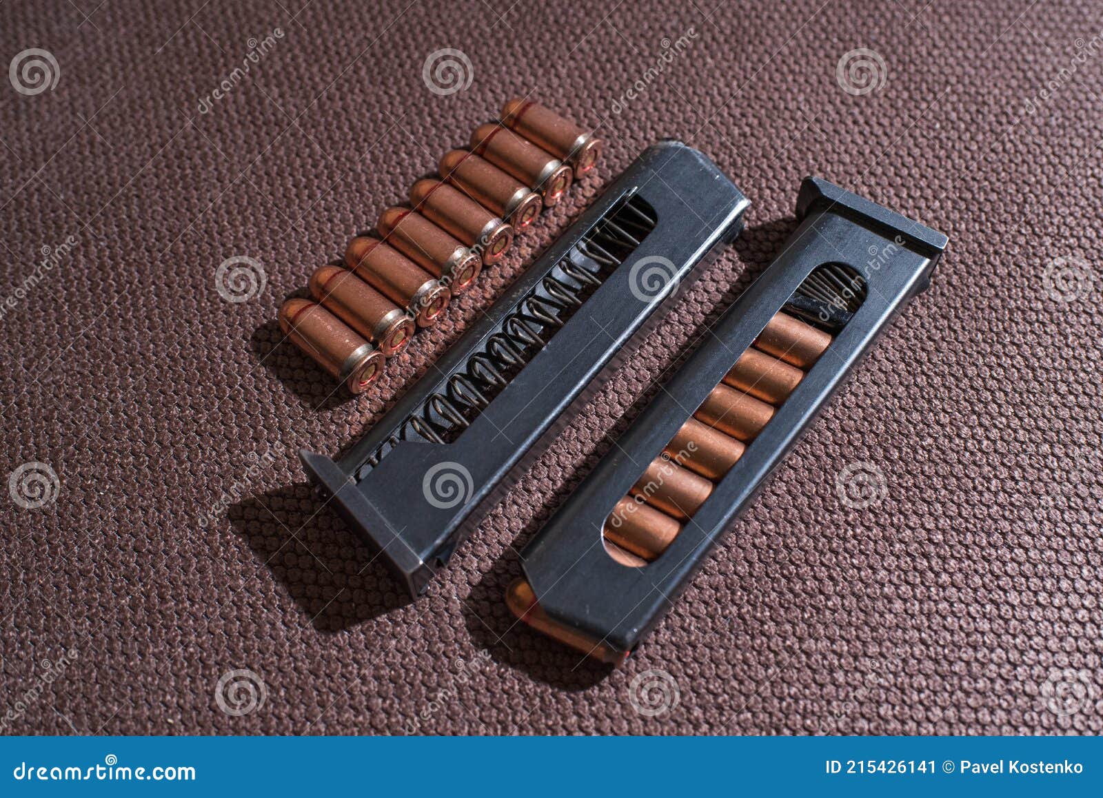 Copper Firearms Bullets and Pistol Clips. Weapon. Stock Image Image