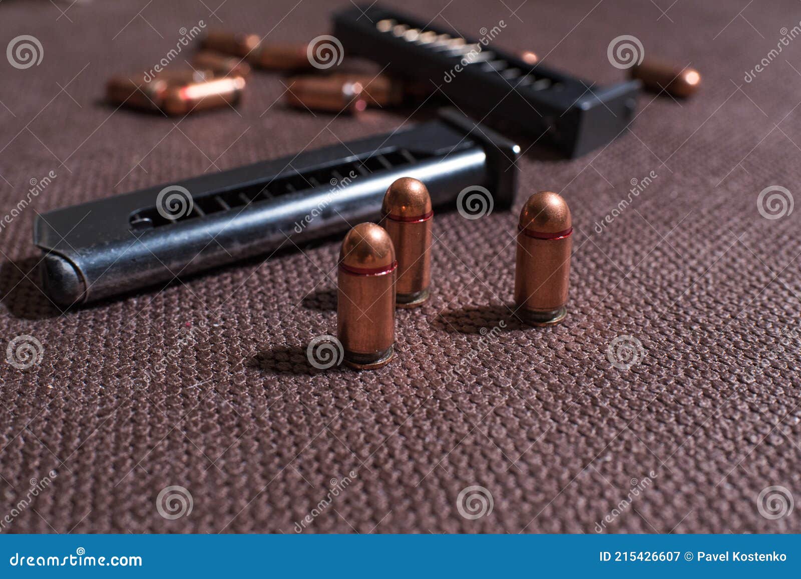 Copper Firearms Bullets and Pistol Clips. Weapon. Stock Image Image