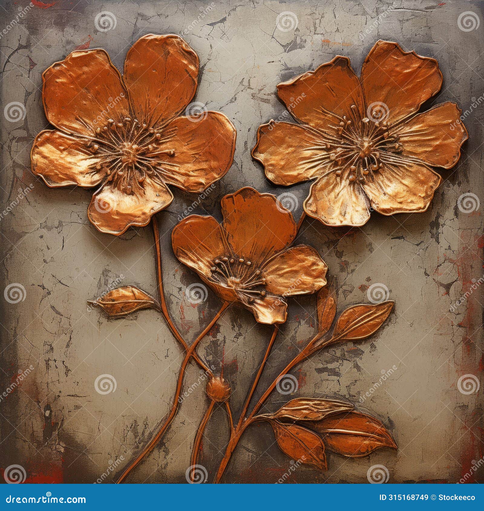 copper flower wall art: dark beige and bronze oil paintings