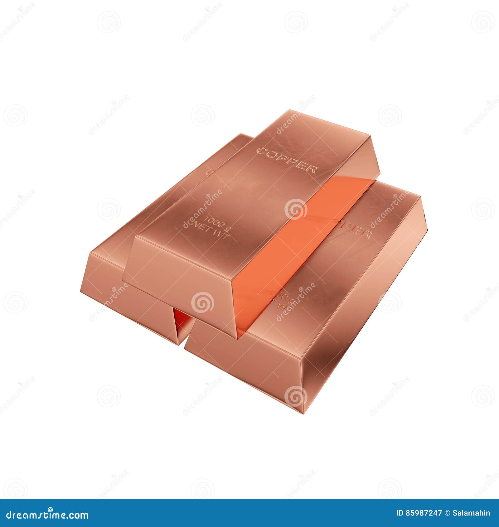 Copper Ingot Isolated on a White Background, 3D Rendering Stock