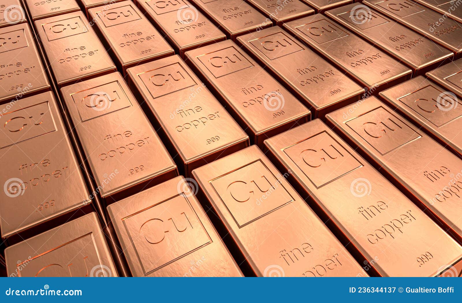 Copper ingots. 3d render stock illustration. Illustration of