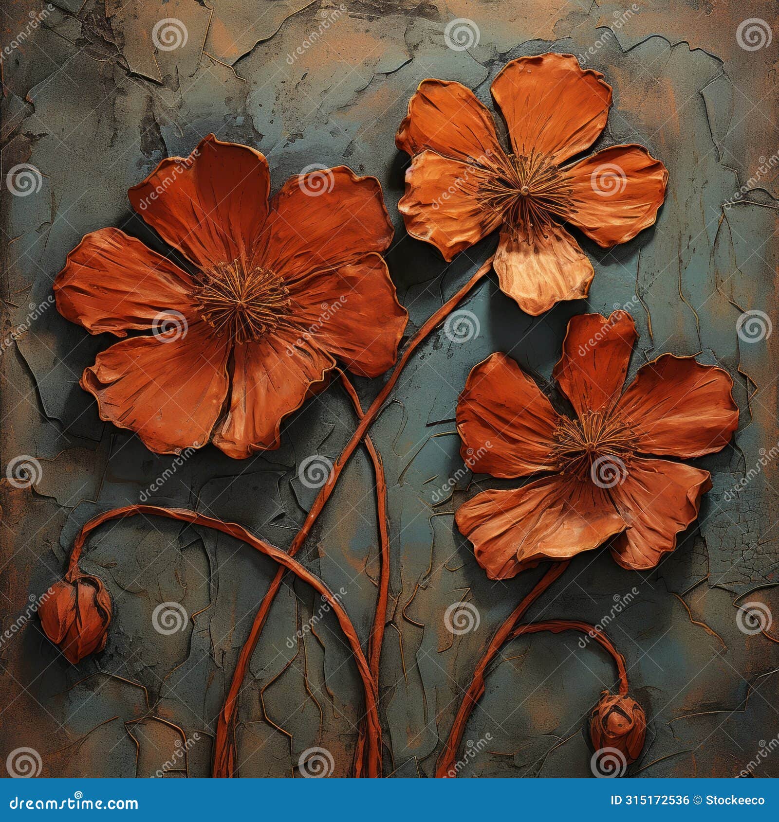 copper leaf oil painting of orange flowers on rocks - peter gric style